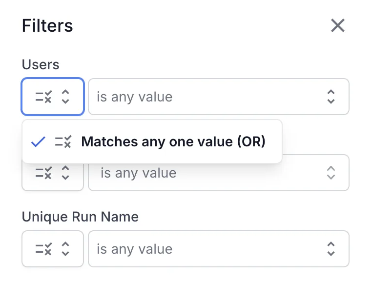 The match type control open on the Users filter, showing the Matches any one value (OR) option.