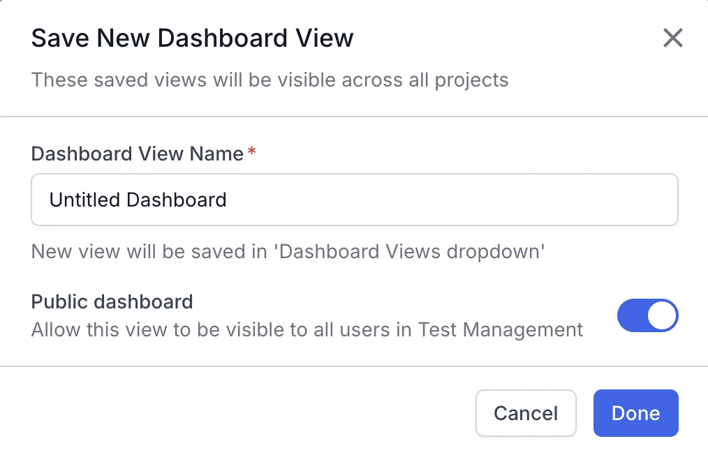 The Save New Dashboard View dialog with the Dashboard View Name field and the Public dashboard toggle.