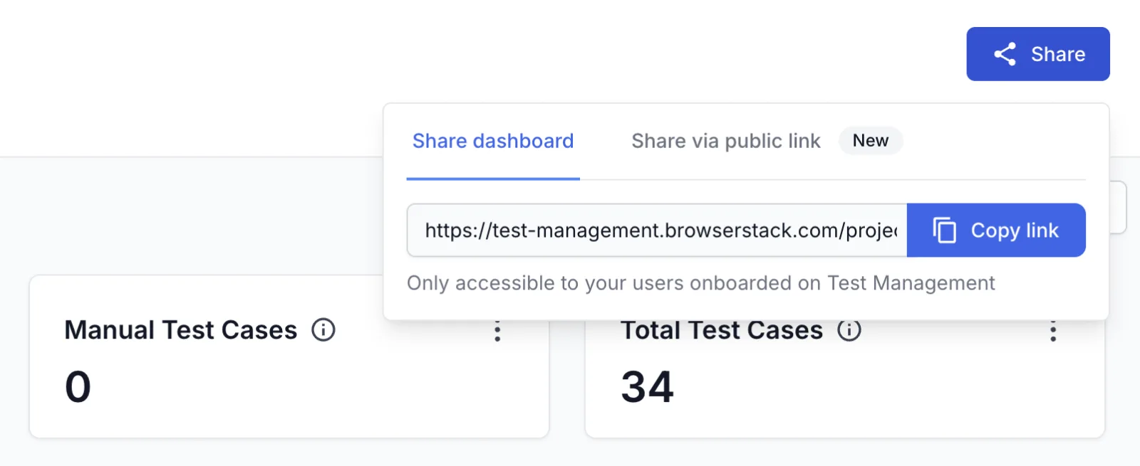 The Share dashboard tab with the dashboard link and the Copy link button.