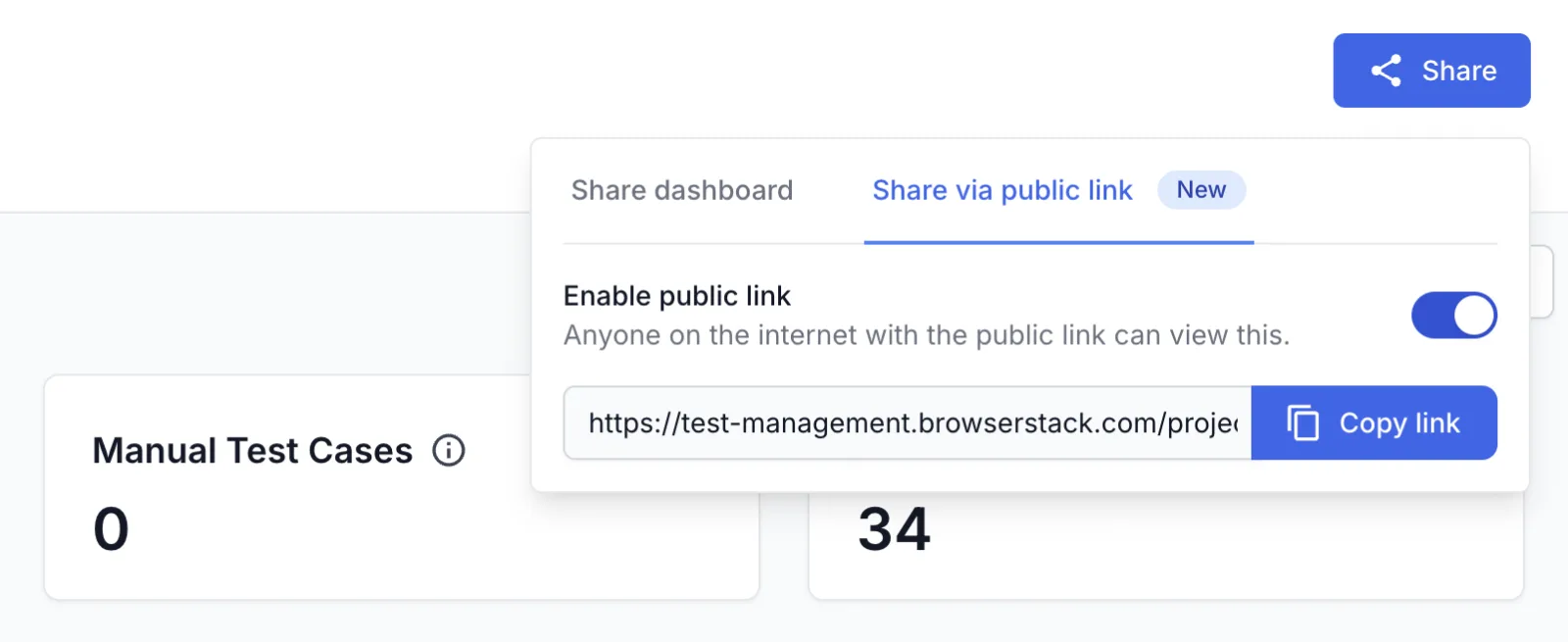 The Share via public link tab with Enable public link turned on and the public link ready to copy.