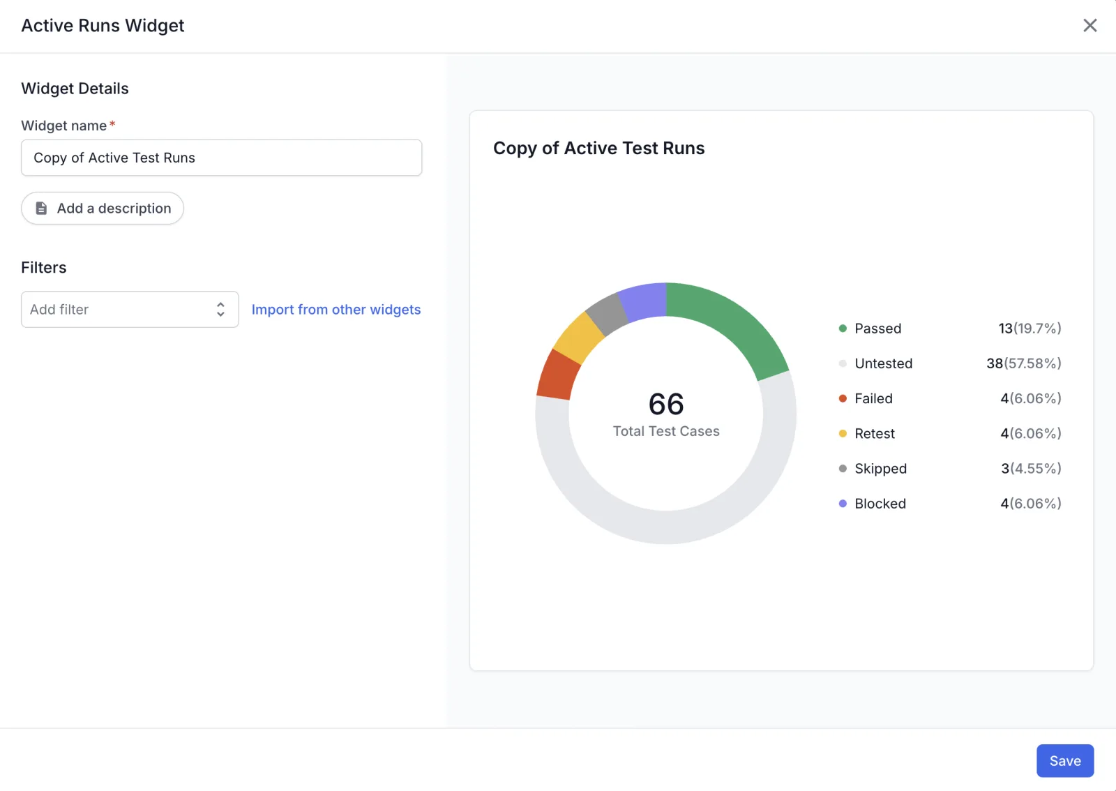The widget builder for a cloned Active Runs widget, with the widget name, filter picker, and a live preview of the chart.