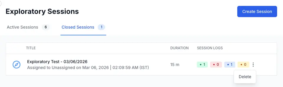 Screenshot: Closed Sessions tab showing the empty state message