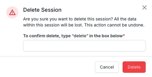 Delete Session confirmation dialog with warning message