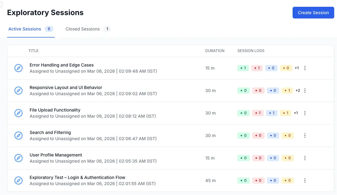 Left navigation panel with Exploratory Sessions highlighted