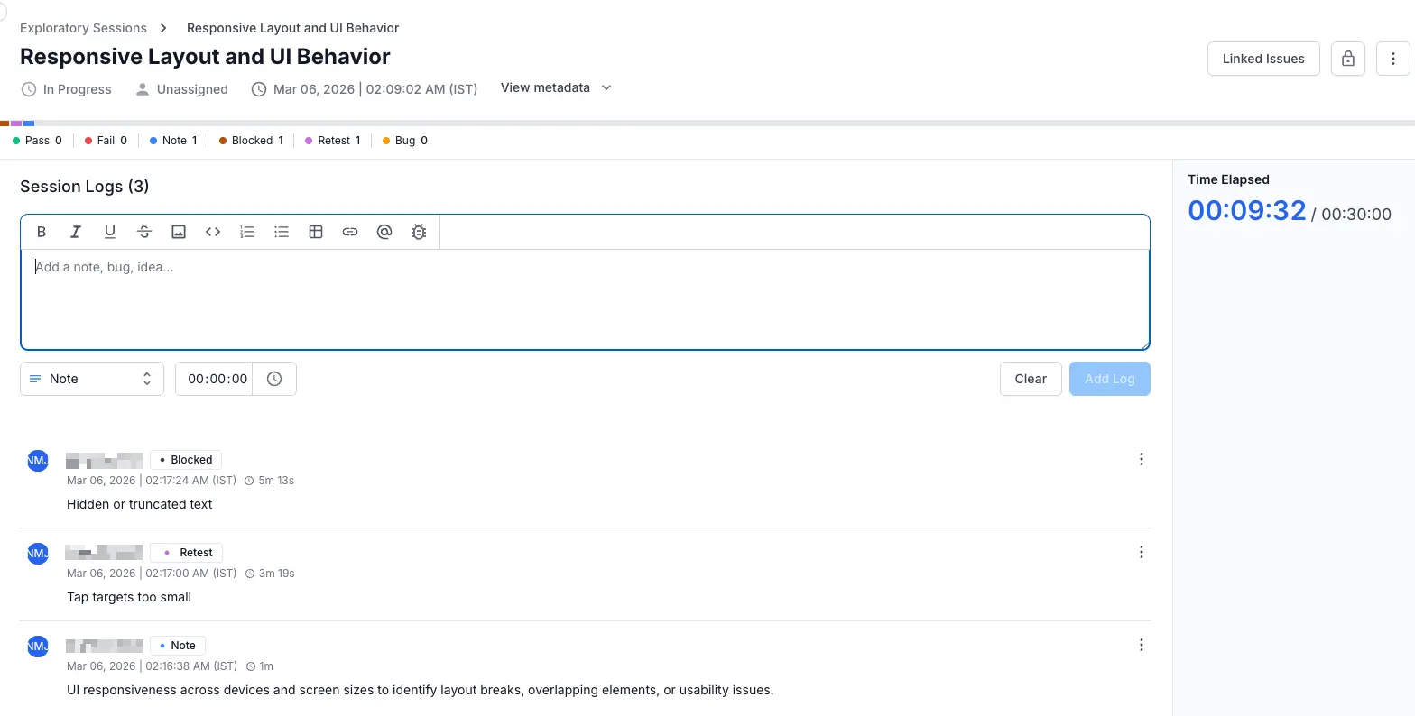Session log with multiple entries showing different statuses