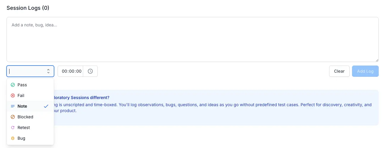 Log type dropdown expanded showing all six statuses with icons