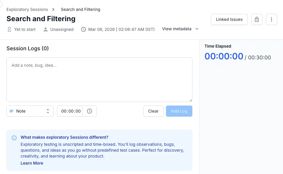 Full Session Execution UI with header, log area, and timer annotated