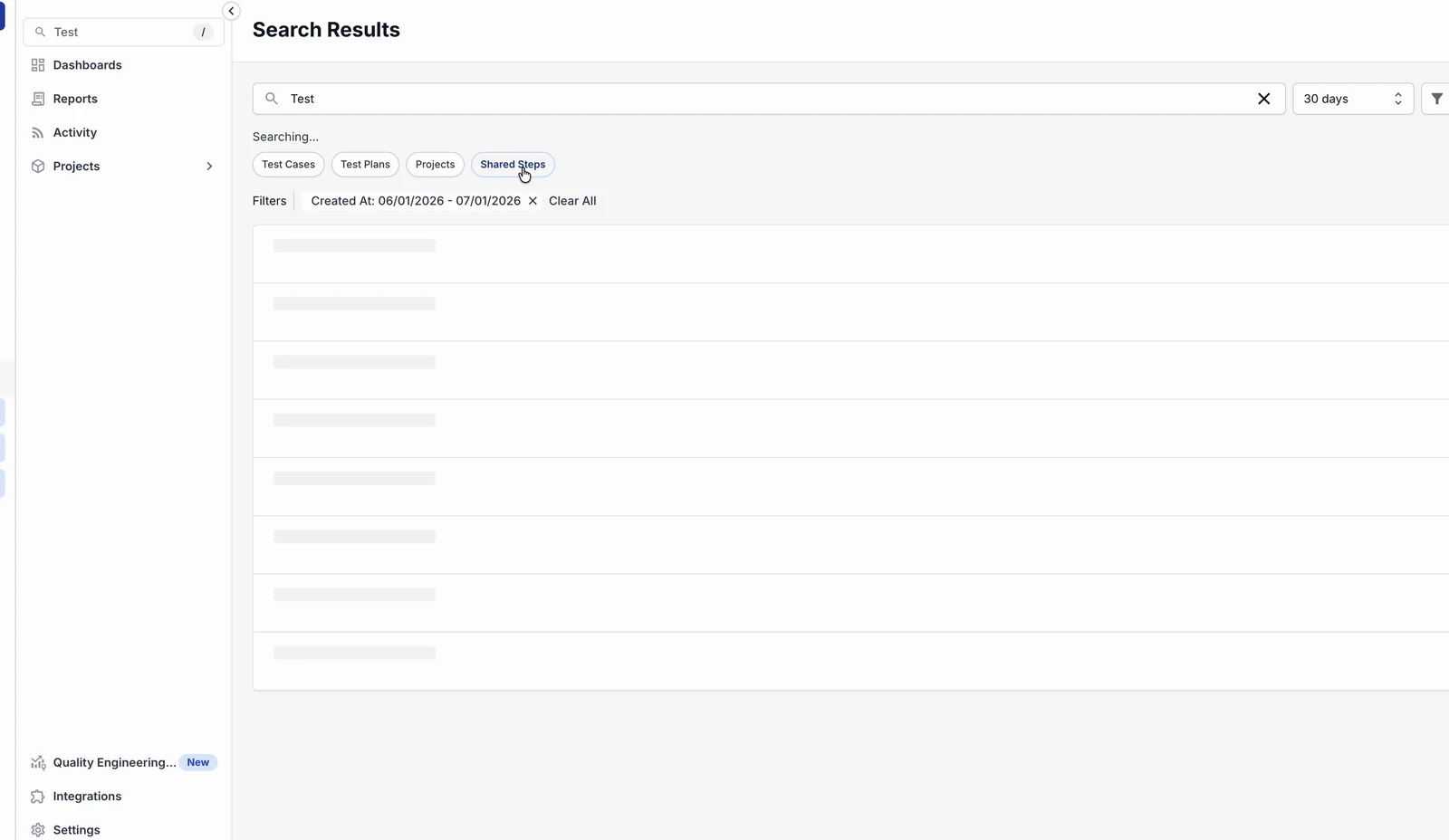 Shared Steps search results, each row showing the item name, its project, its owner, and a Matched in label