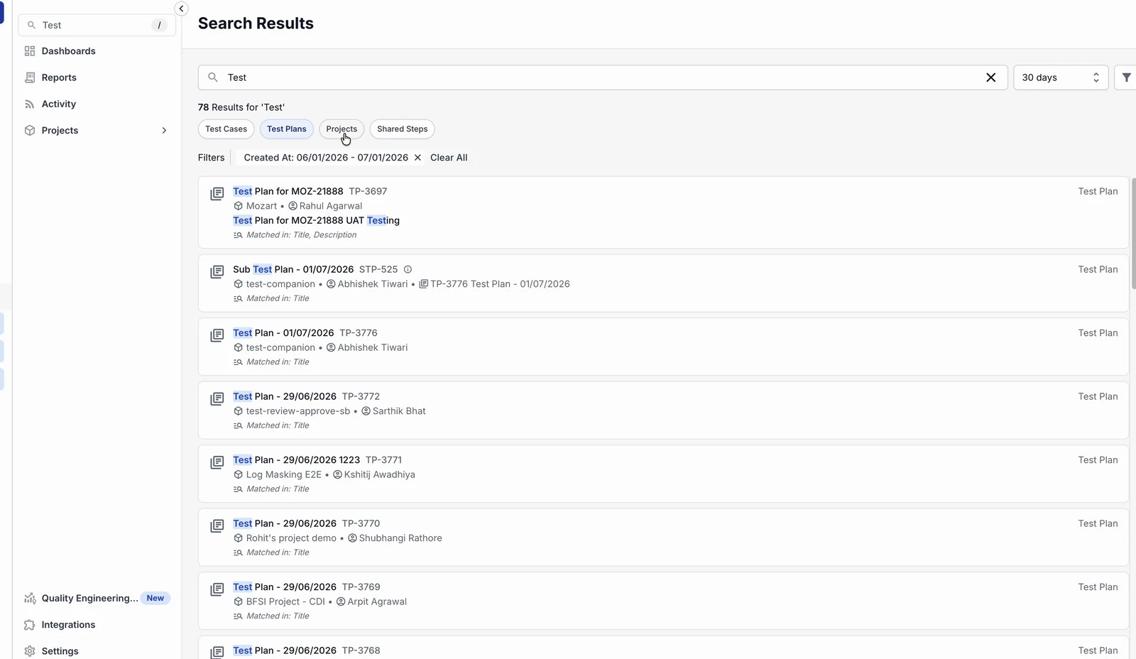 Search Results page showing the result count, entity-type tabs, and a list of matching test plans with their IDs, projects, and owners