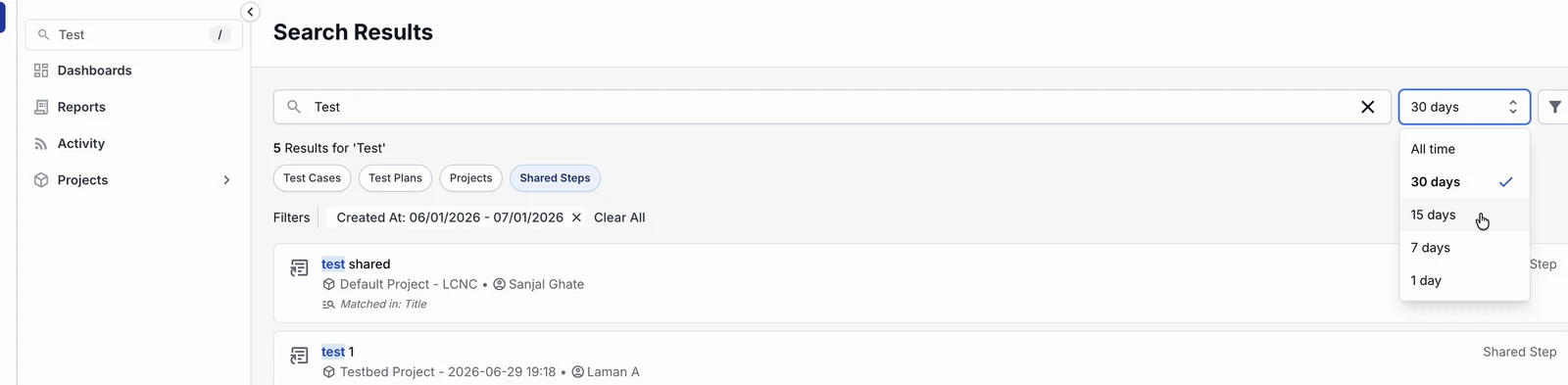 Time-range dropdown open on the Search Results page, showing All time, 30 days, 15 days, 7 days, and 1 day