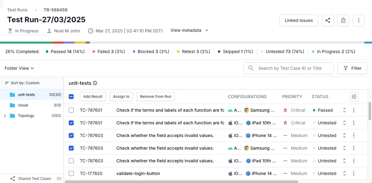 After selecting the test cases, click add result button
