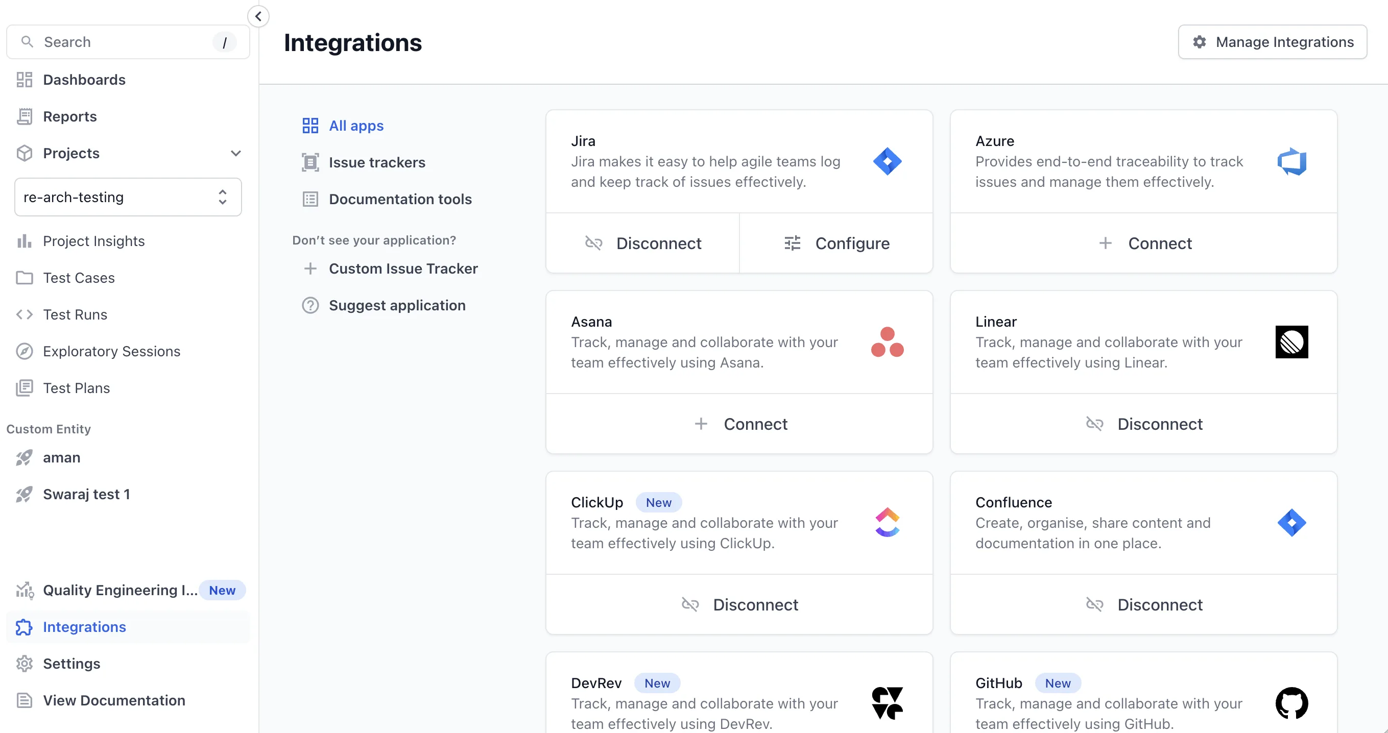 Manage Integrations button in the top-right corner of the Integrations page