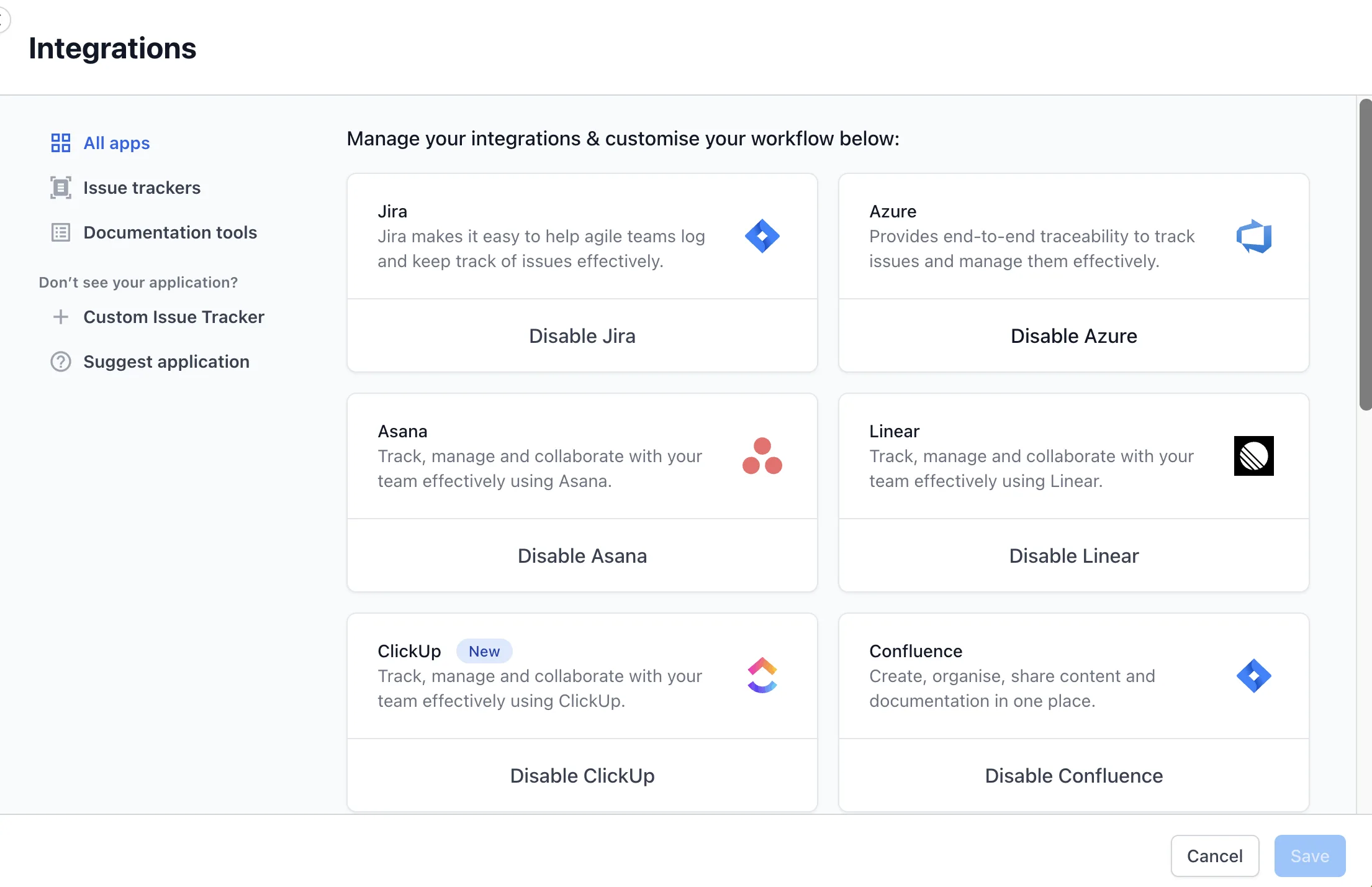 Management view of the Integrations page with a Disable button on every tool tile