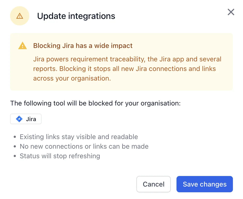 Update integrations dialog with the Blocking Jira has a wide impact warning above the Jira chip