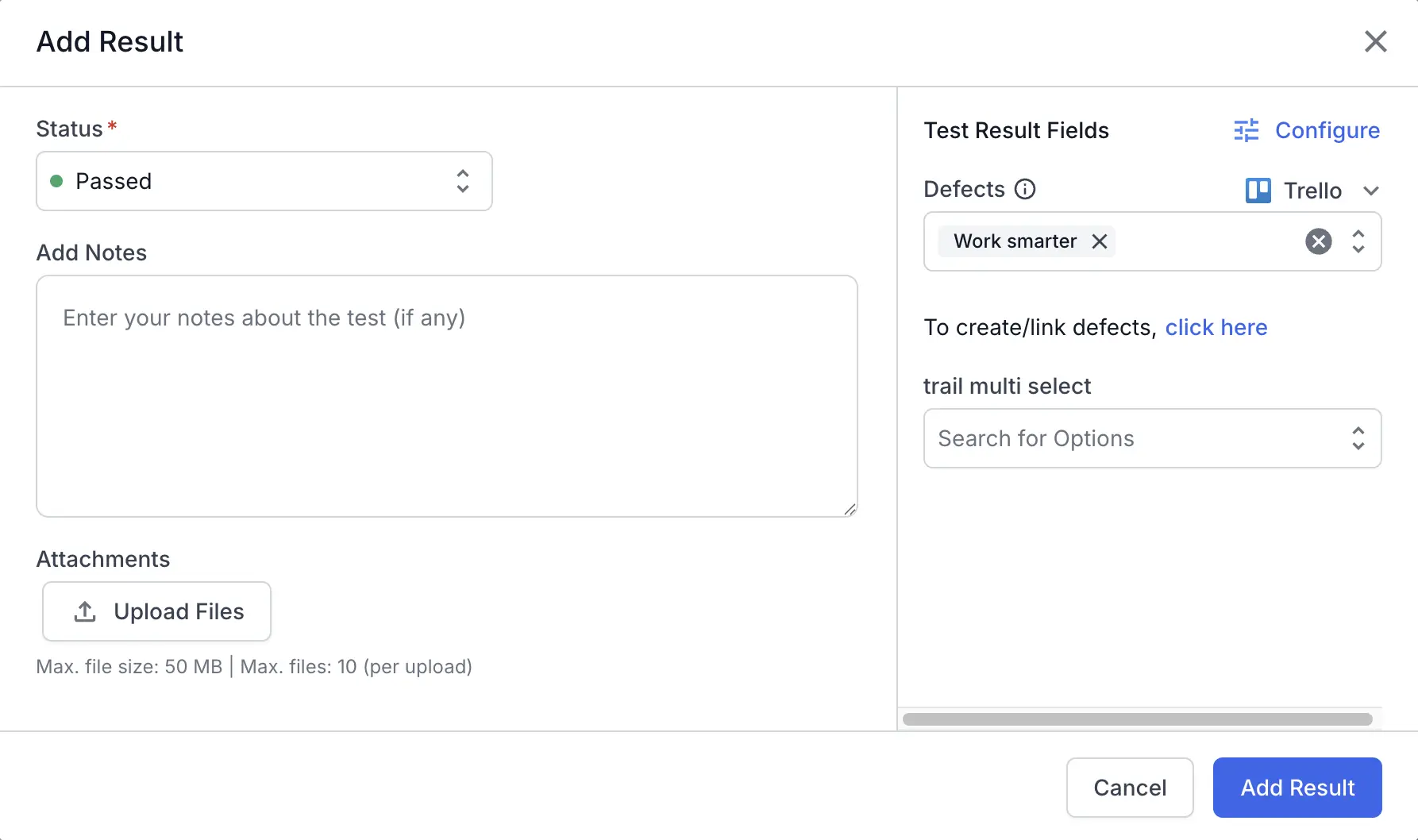 Add Result dialog showing a linked Trello card in the Defects field