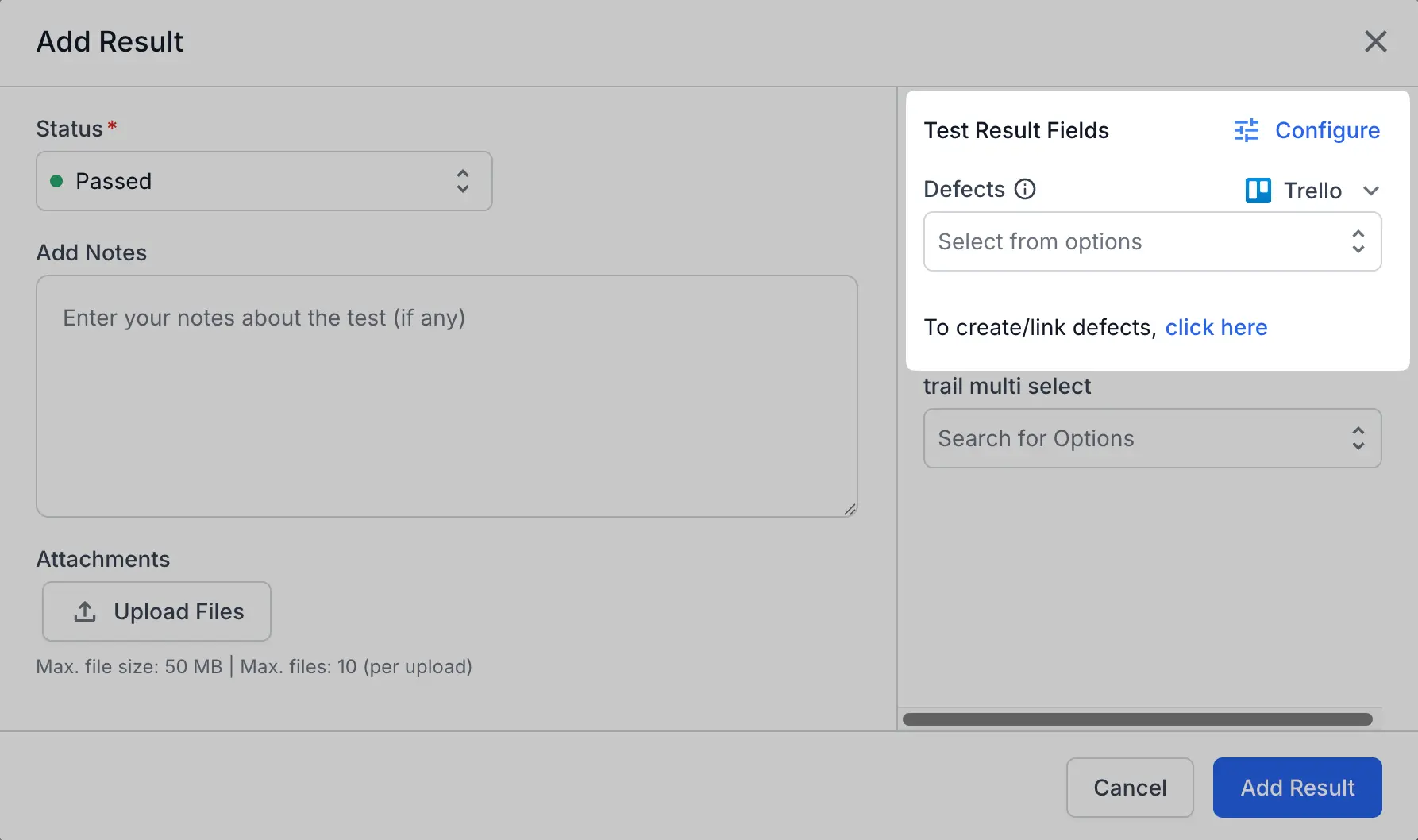 Add Result dialog with Trello selected in the Defects field and the click here link