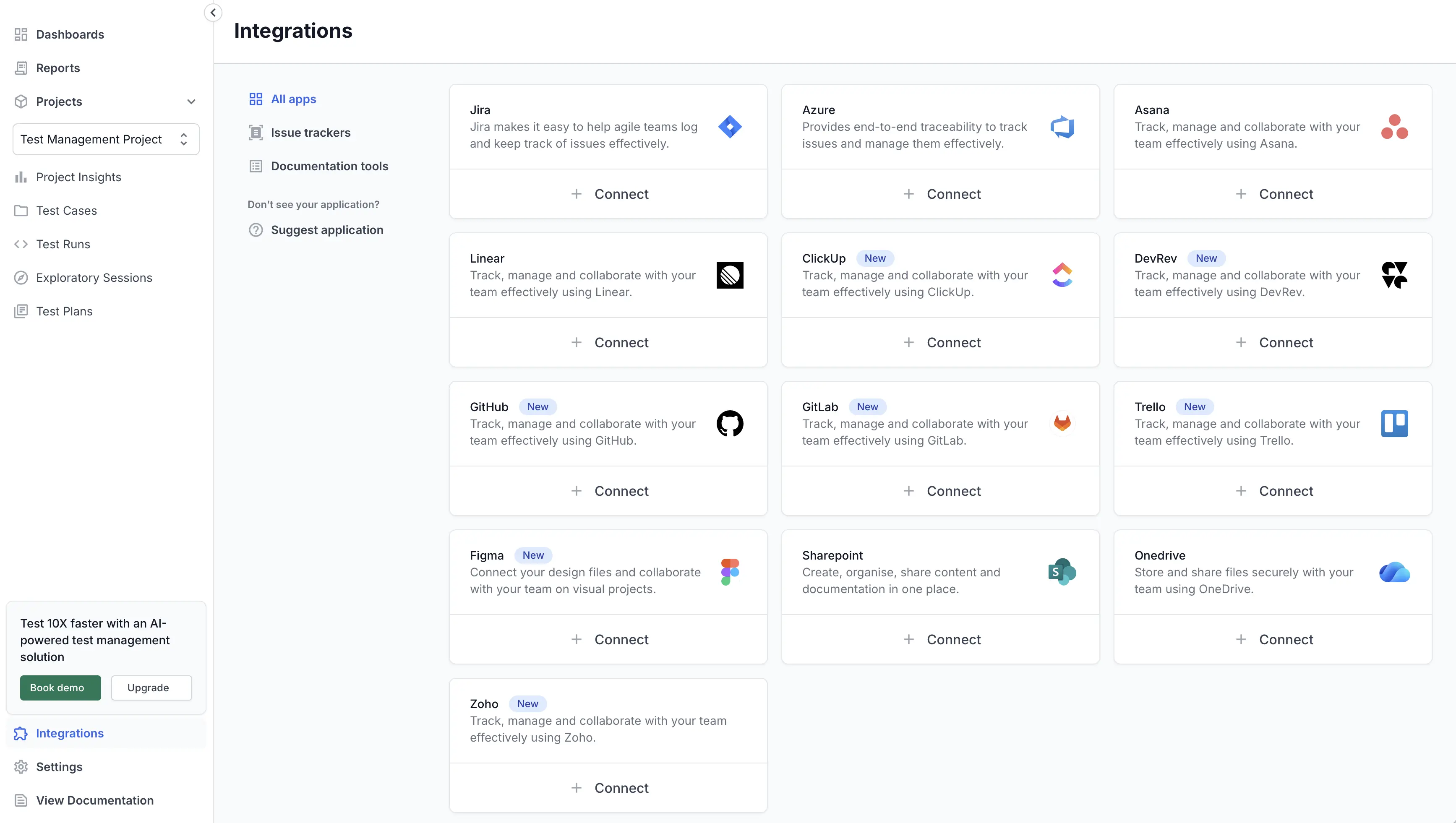 Trello tile with the Connect button on the Test Management Integrations page