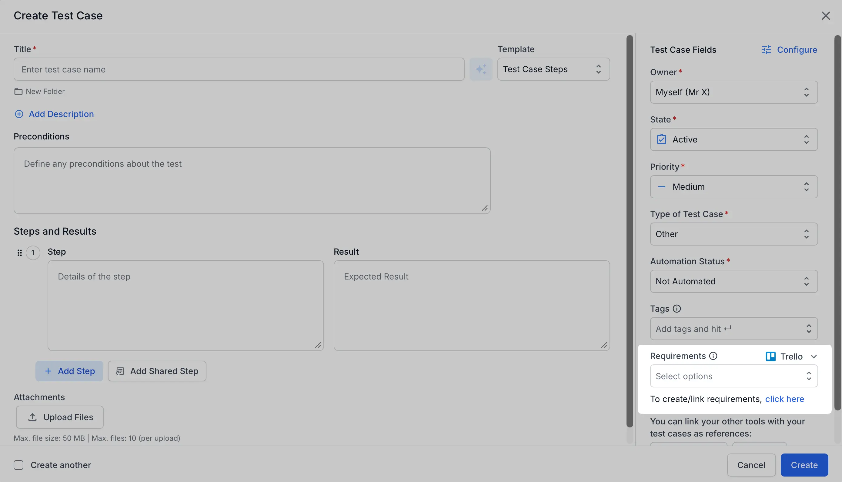 Requirements field in a test case form with Trello selected and the click here link