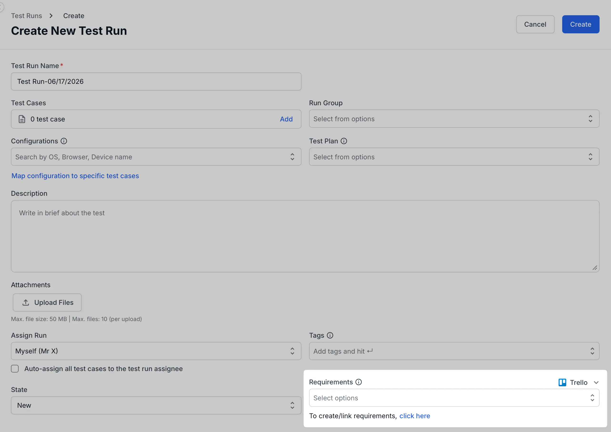 Requirements field in a test run with Trello selected and the click here link