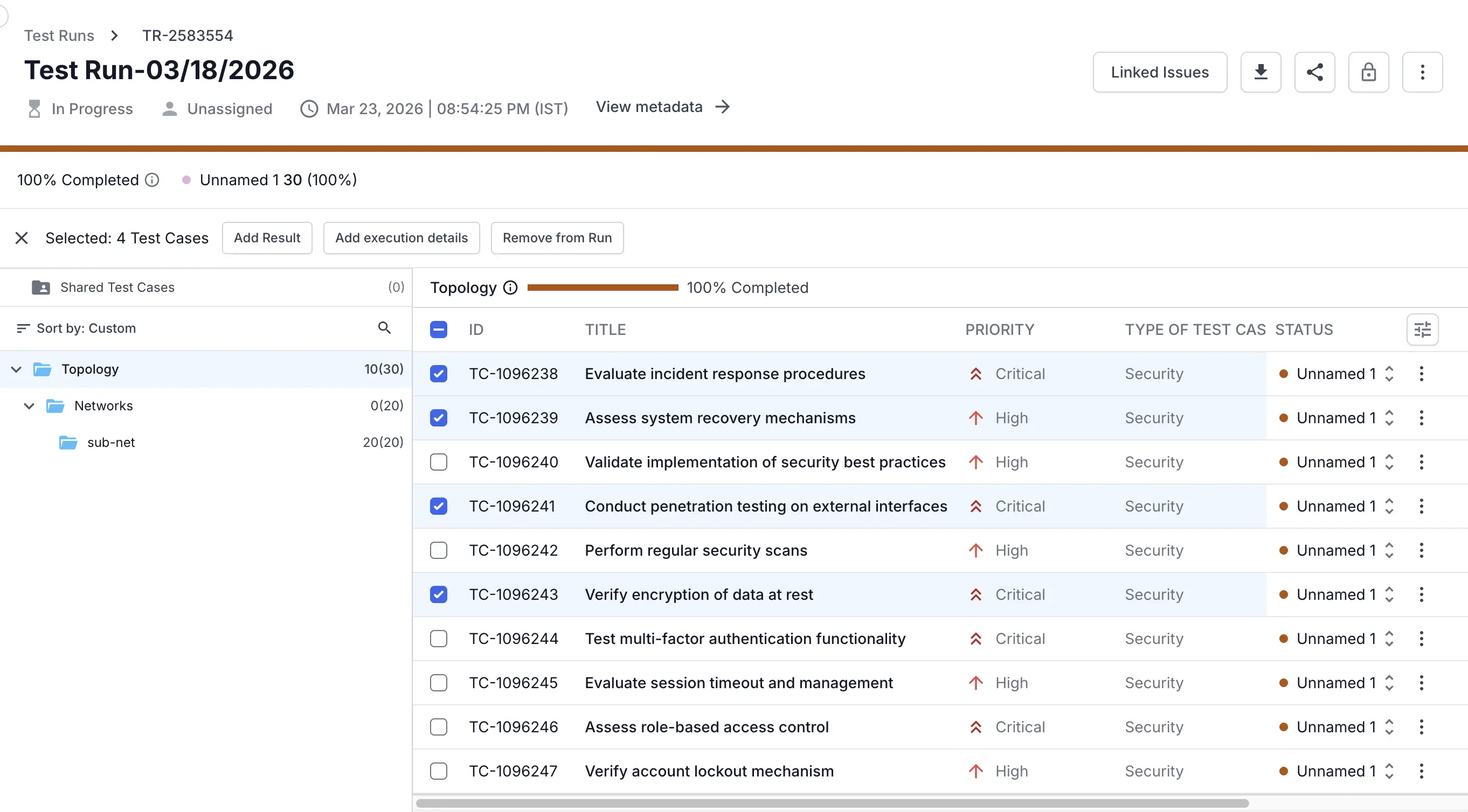 Test run with four test cases selected and the Add Result button in the action bar