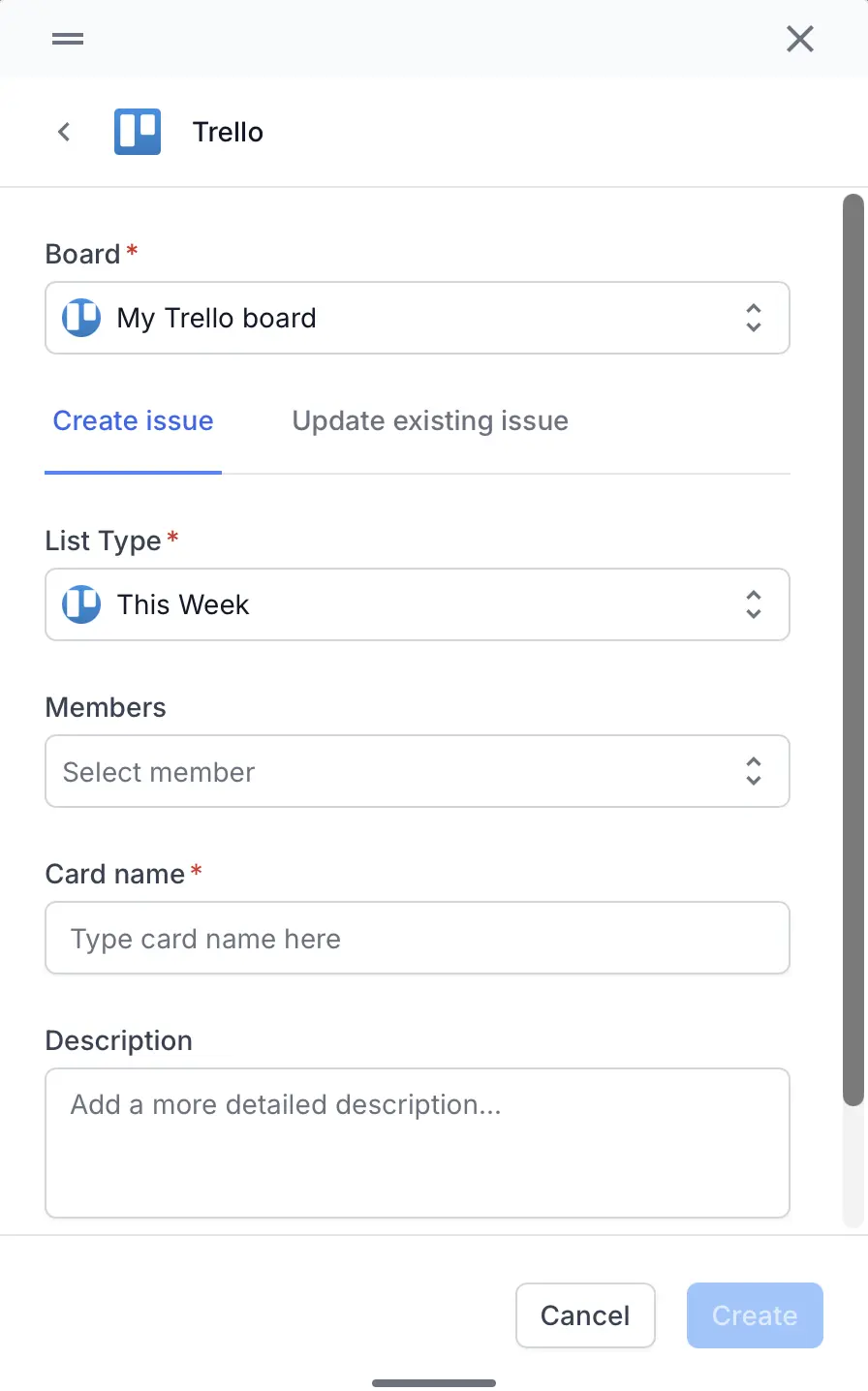 Trello dialog showing the Create issue tab with Board, List Type, and Card name fields