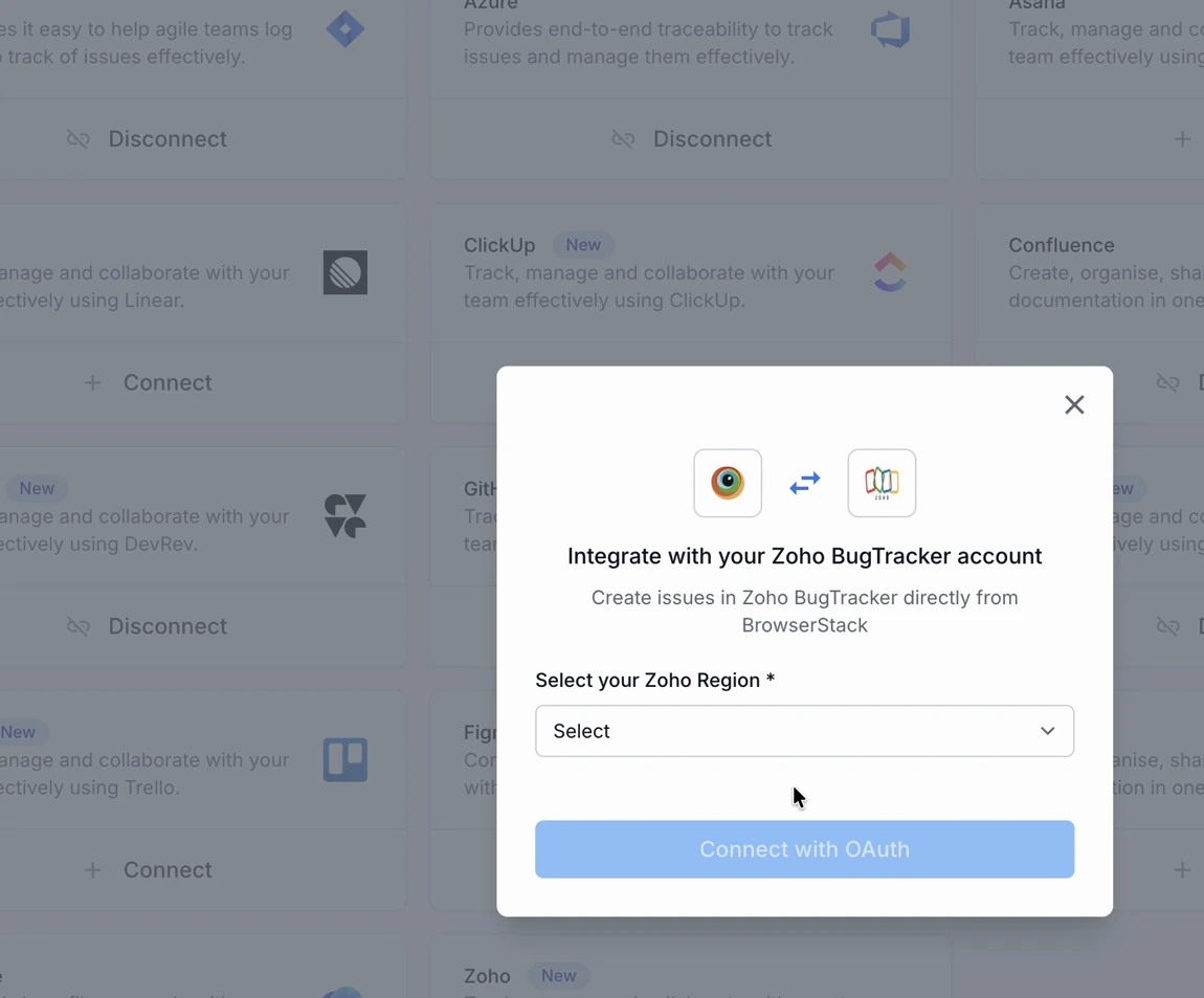 The Integrate with your Zoho BugTracker account dialog showing the Select your Zoho Region dropdown and the Connect with OAuth button