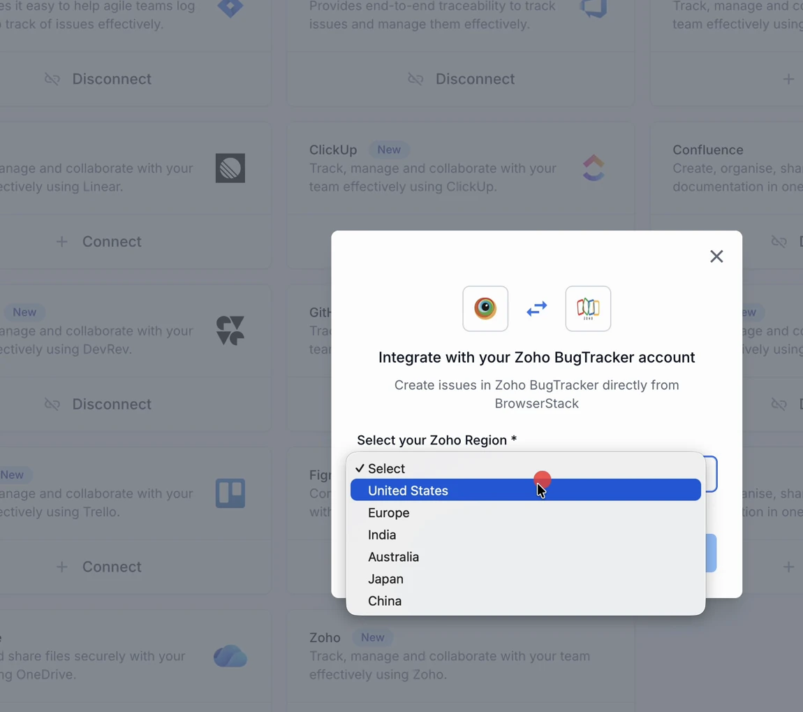 The Zoho Region dropdown expanded to show the United States, Europe, India, Australia, Japan, and China options