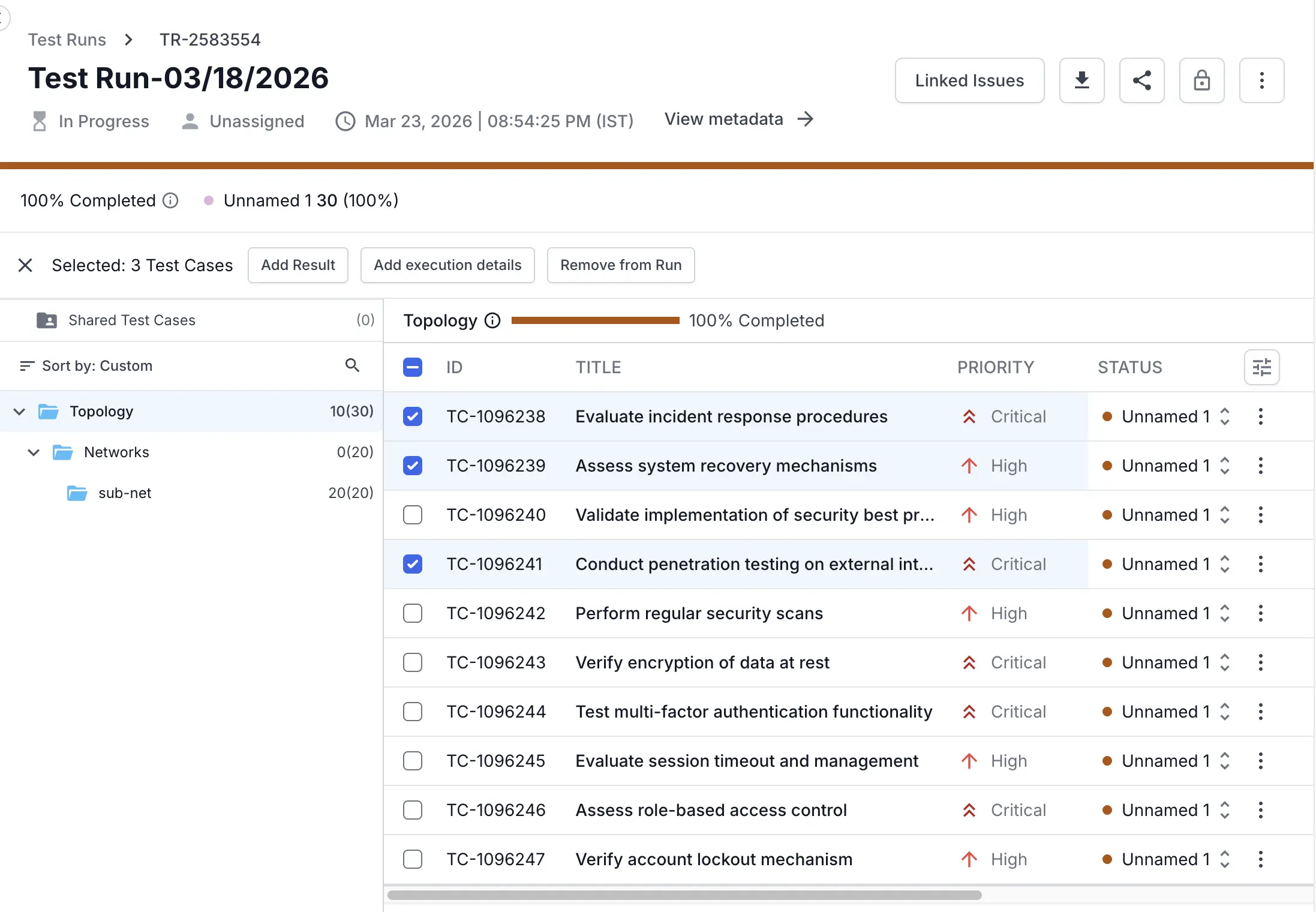 A test run with test cases selected and the Add Result button highlighted