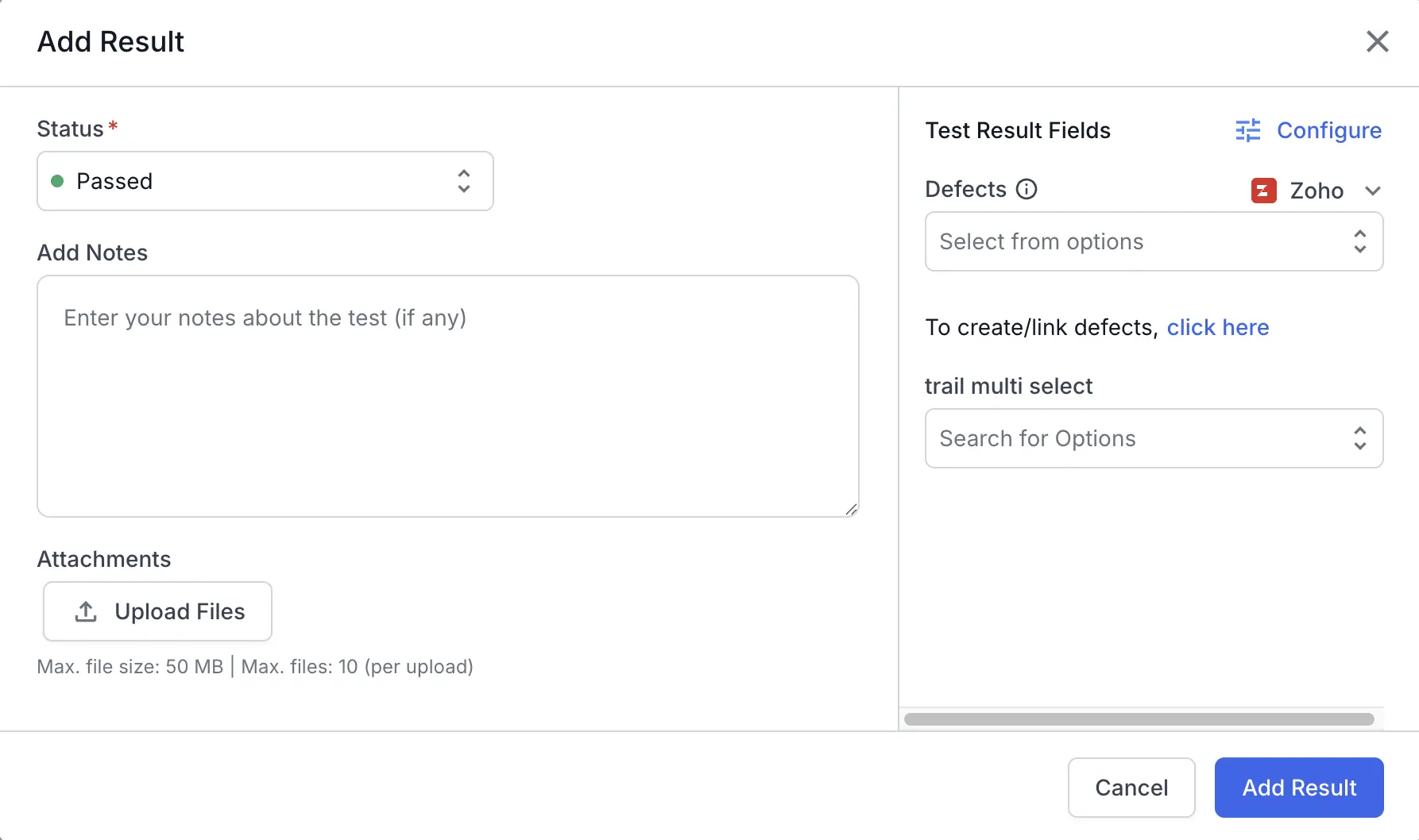 The Add Result panel showing the Defects field set to Zoho and the click here link below it