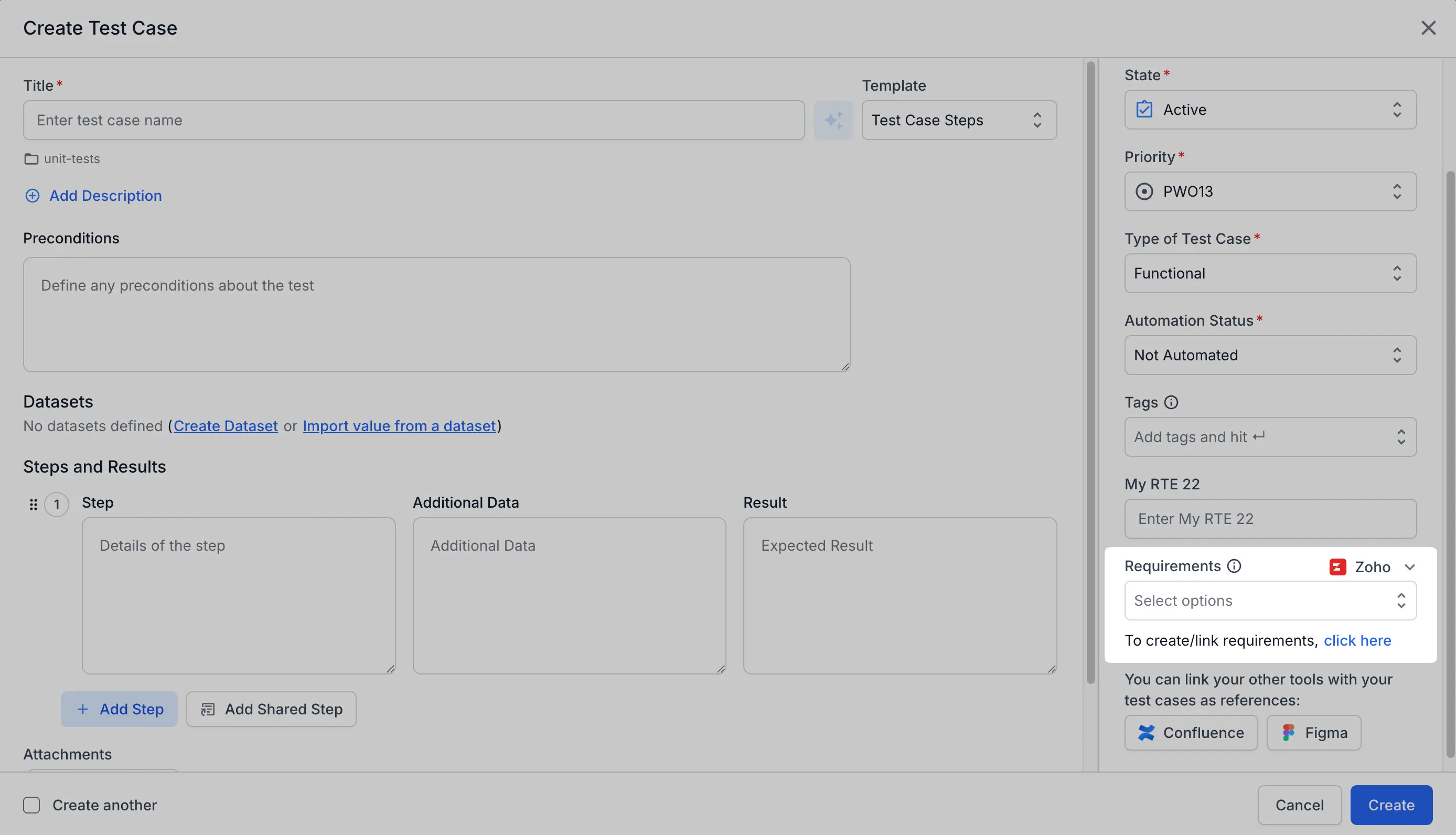 The Requirements field of a test case with Zoho selected and the click here link below it