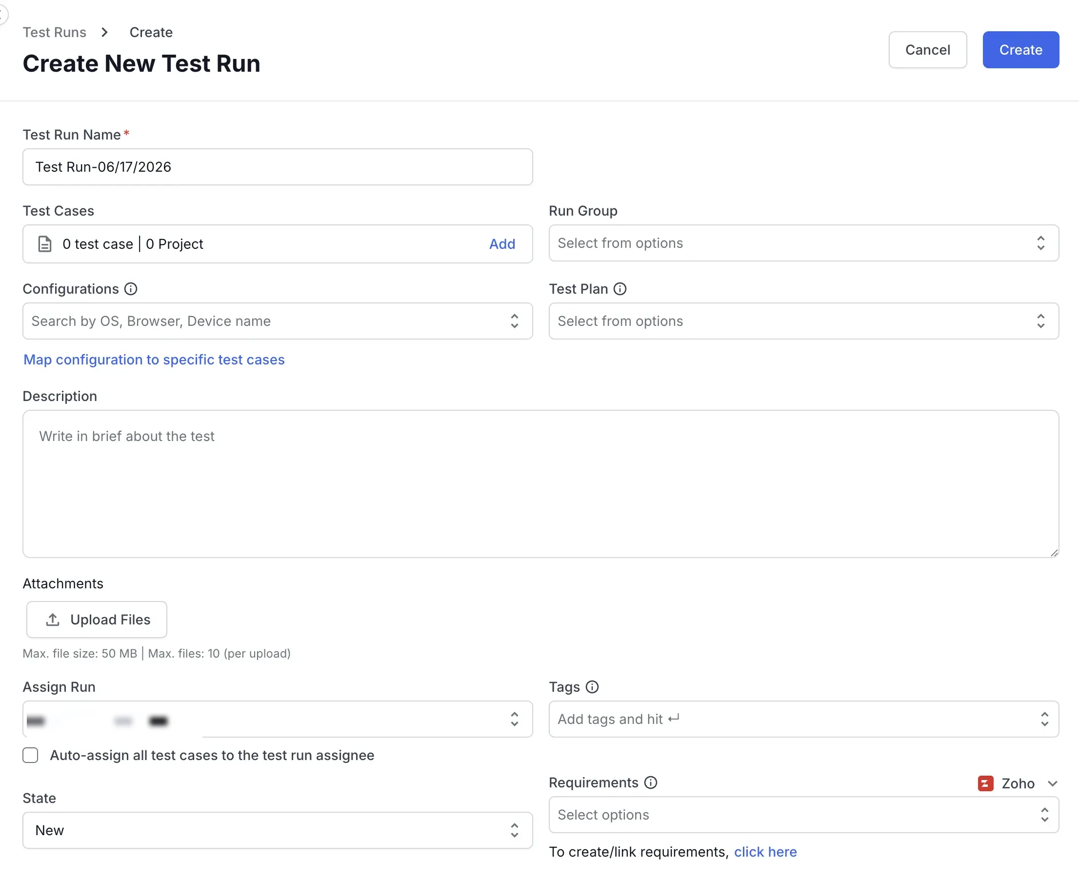 The Requirements field of a test run with Zoho selected and the click here link below it