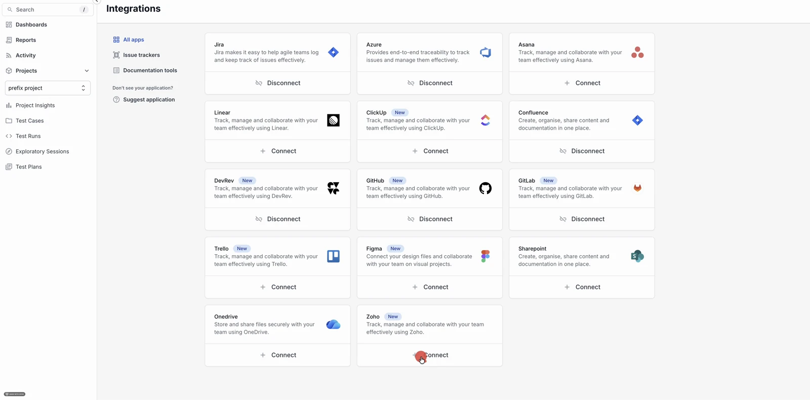Integrations page showing the Zoho tile with a New badge and its Connect button