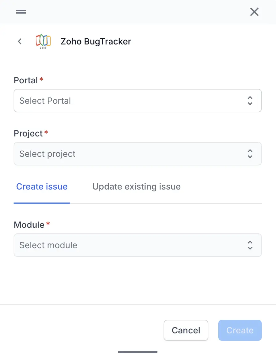 The Zoho BugTracker dialog showing the Portal and Project dropdowns, the Create issue and Update existing issue tabs, and the Module dropdown
