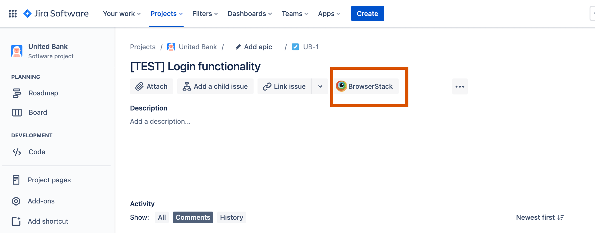 BrowserStack app in Jira Issue