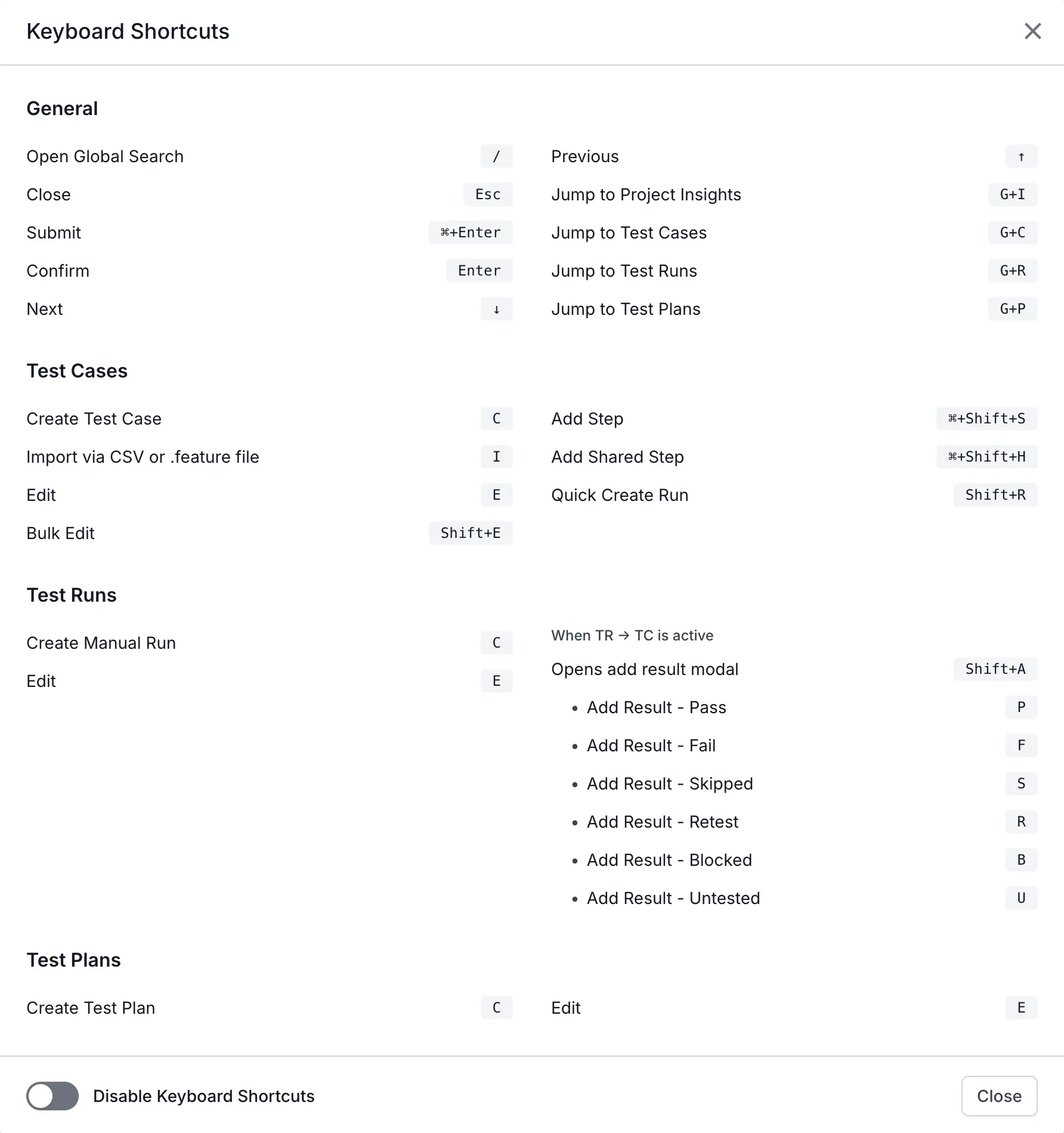 Keyboard shortcuts help window showing categorized list of all available shortcuts