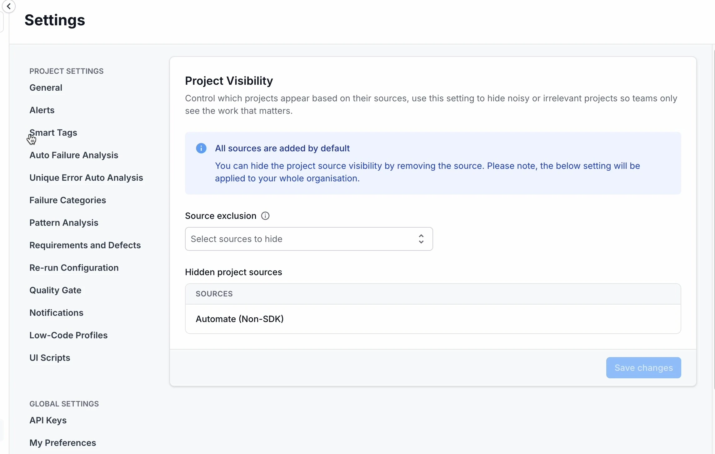 Hidden project sources list showing the selected source and the Save changes button