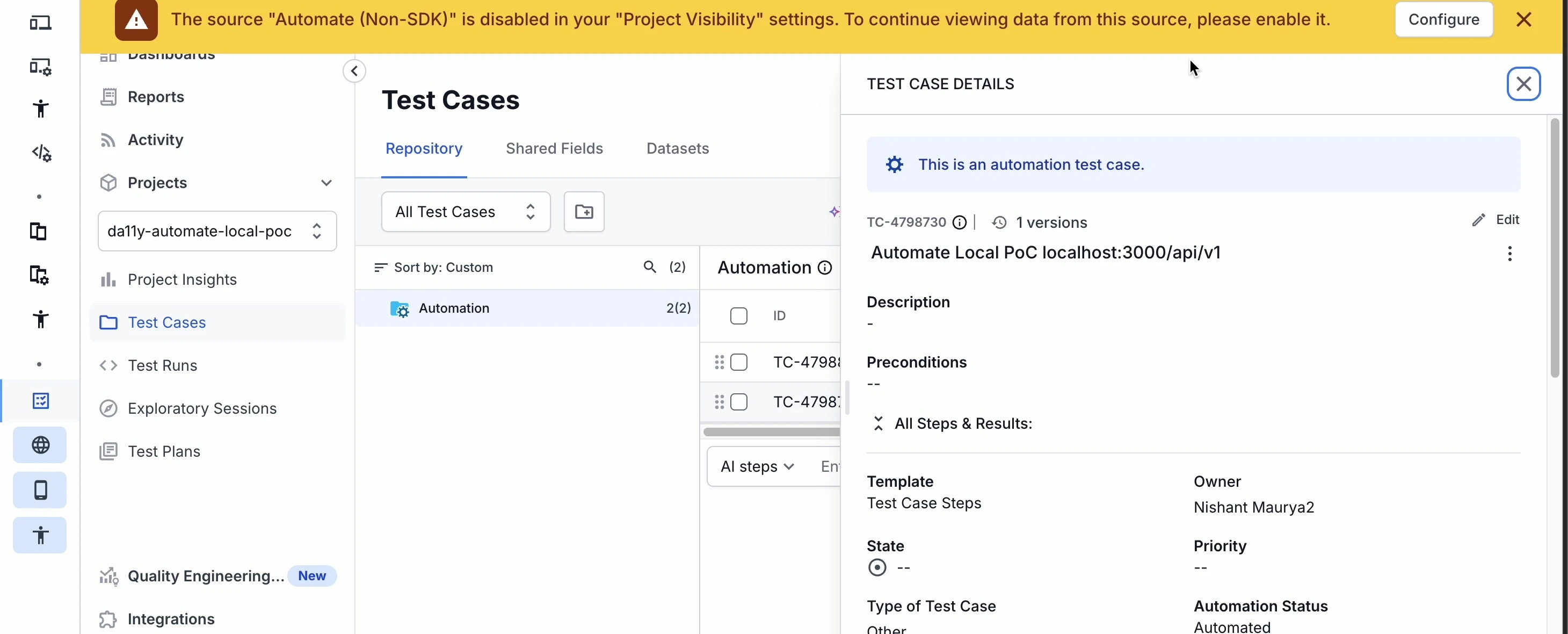 Banner across the top of a Test Management page stating that the Automate Non-SDK source is disabled in Project Visibility settings, with a Configure button
