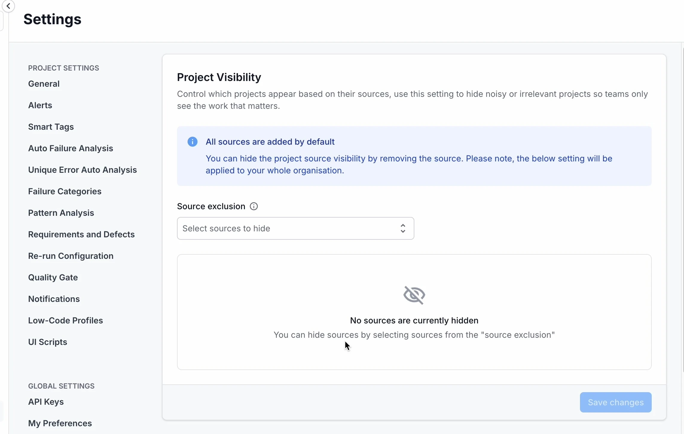 Project Visibility settings page showing the organization-wide note and the Source exclusion control
