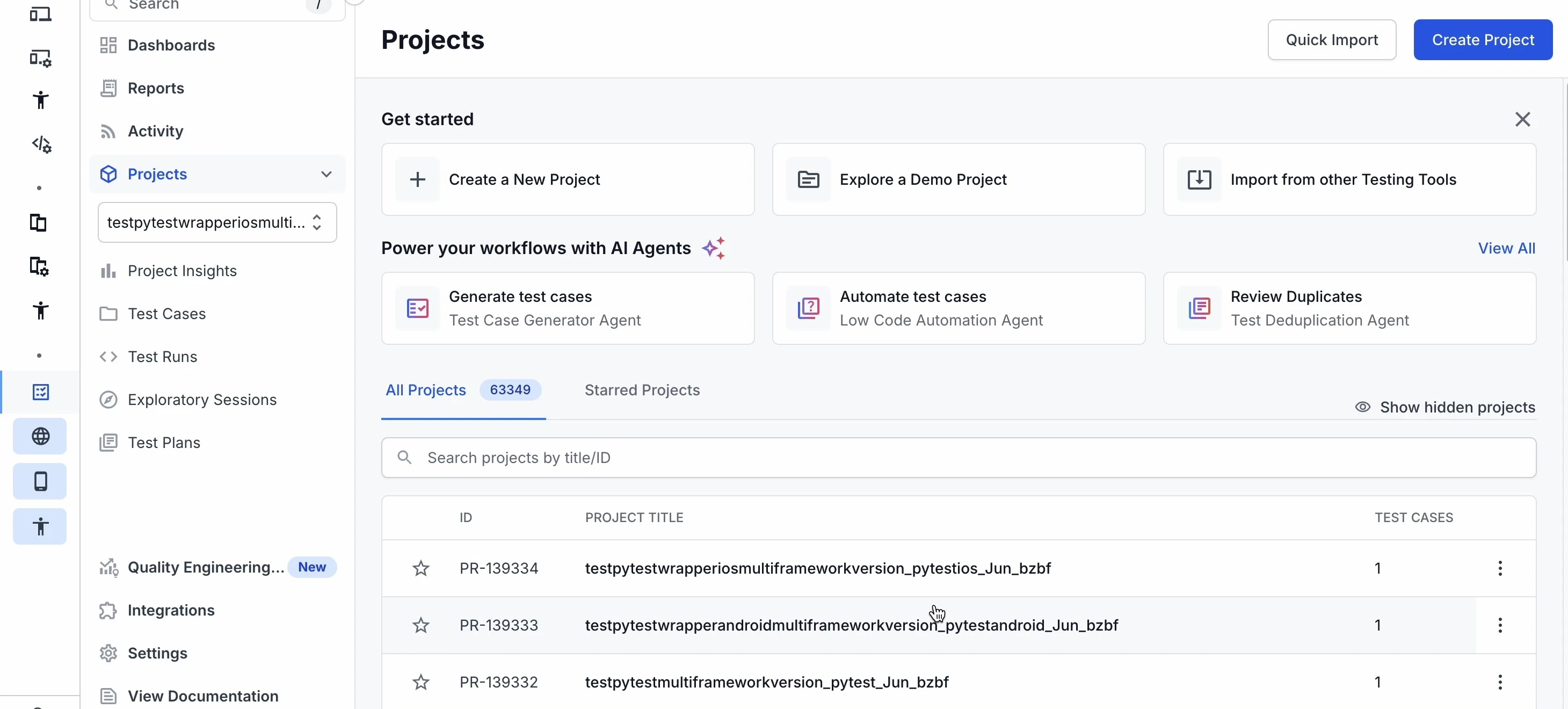Projects list with the All Projects tab and the Show hidden projects toggle in the list header