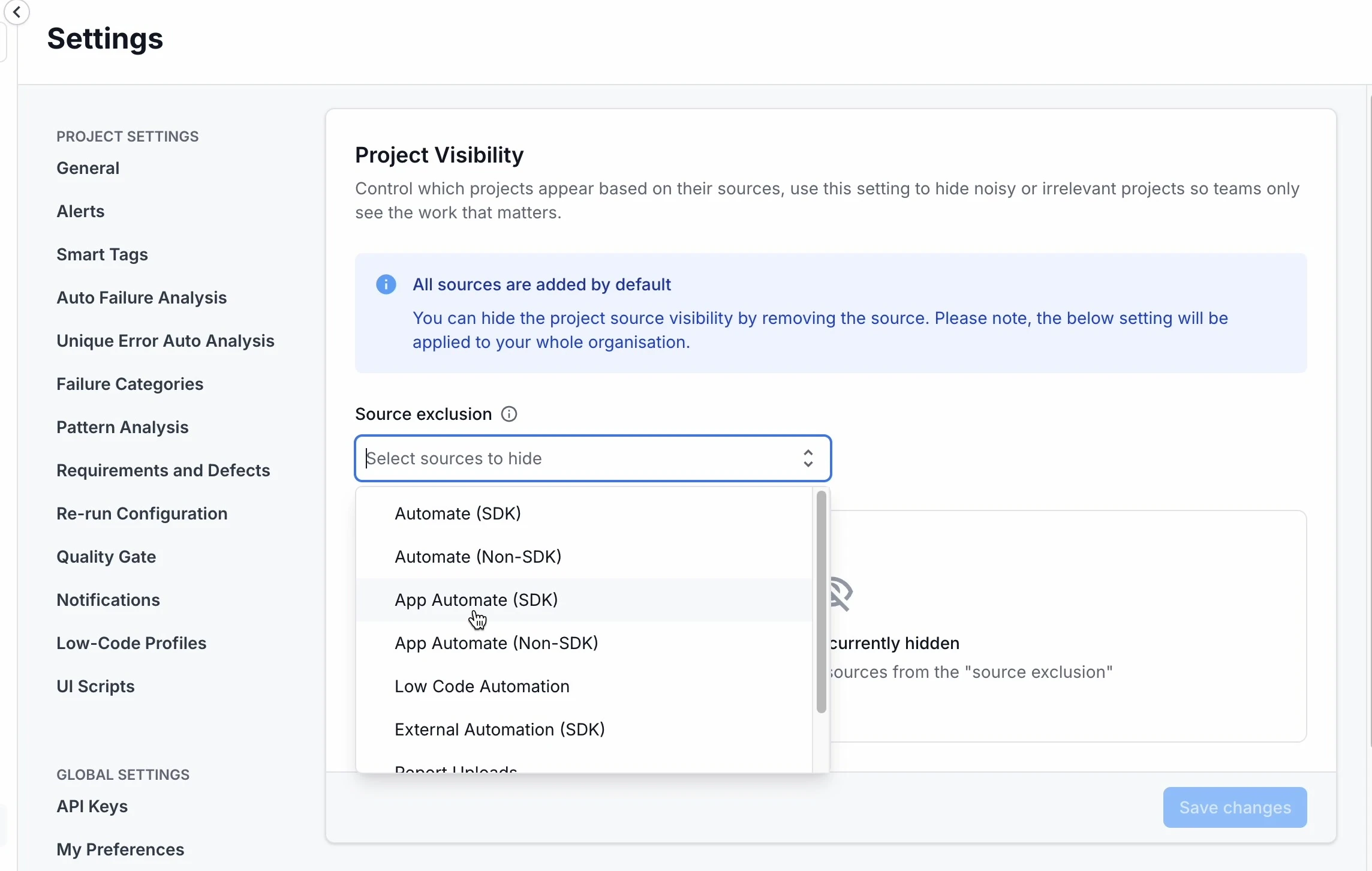 Source exclusion dropdown open, listing sources such as Automate, App Automate, Low Code Automation, and Report Uploads