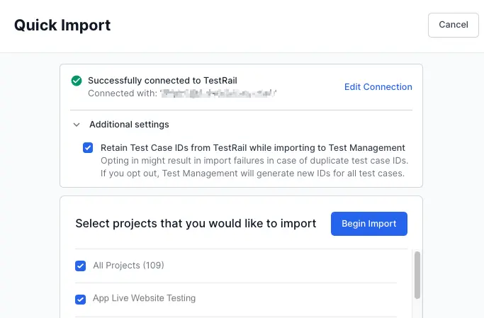 Configure data to import projects and test cases