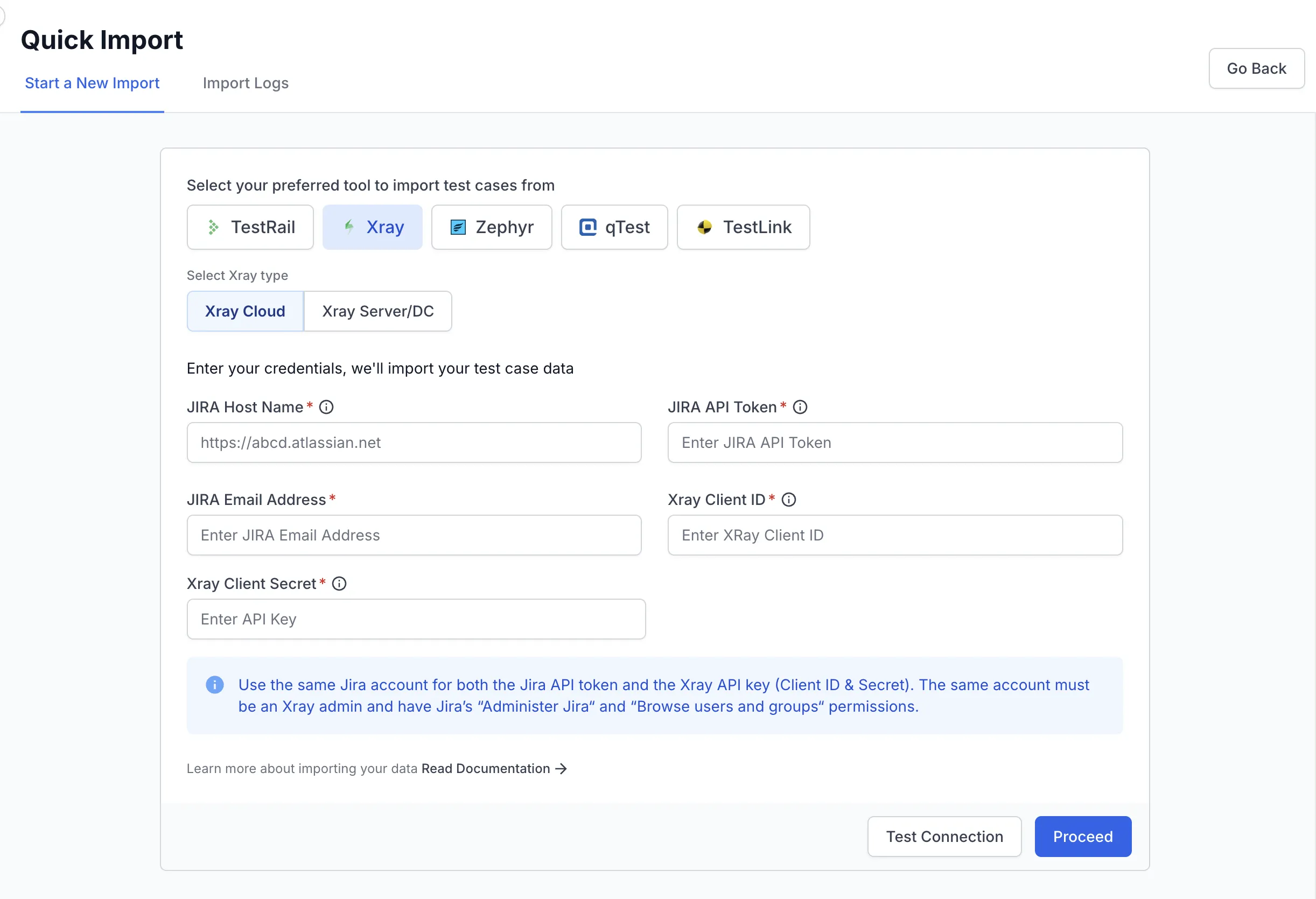Xray Cloud connection form with Jira and Xray credential fields