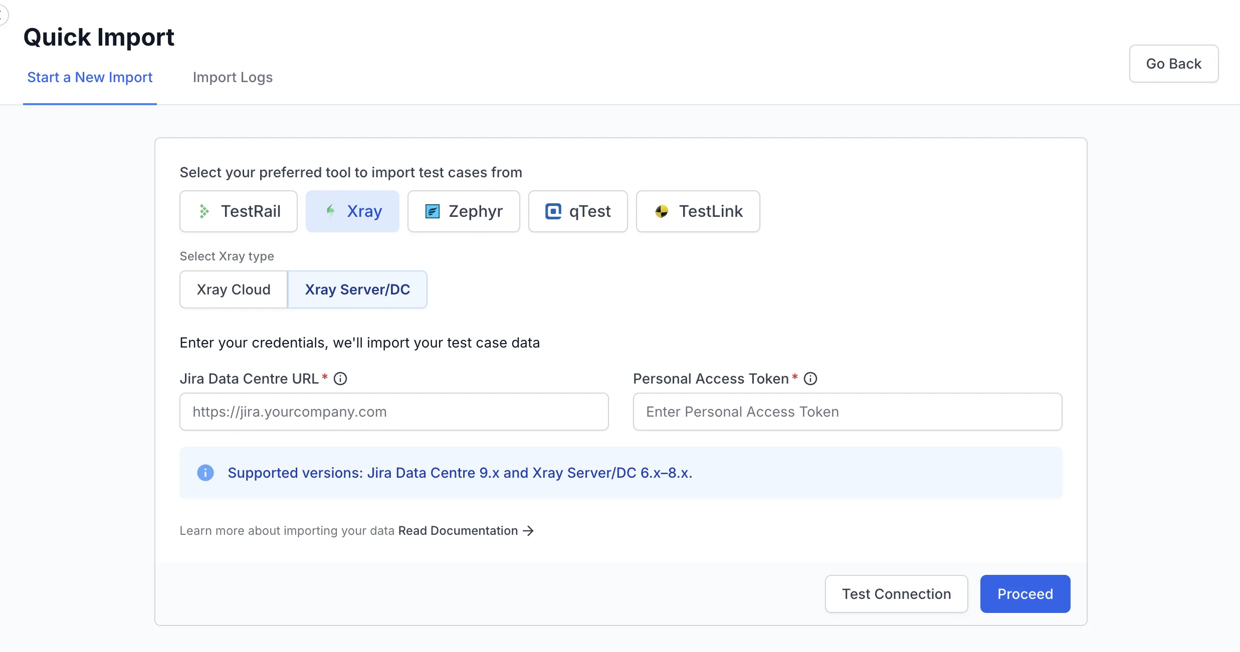 Xray Server/DC connection form with Jira Data Centre URL and Personal Access Token fields