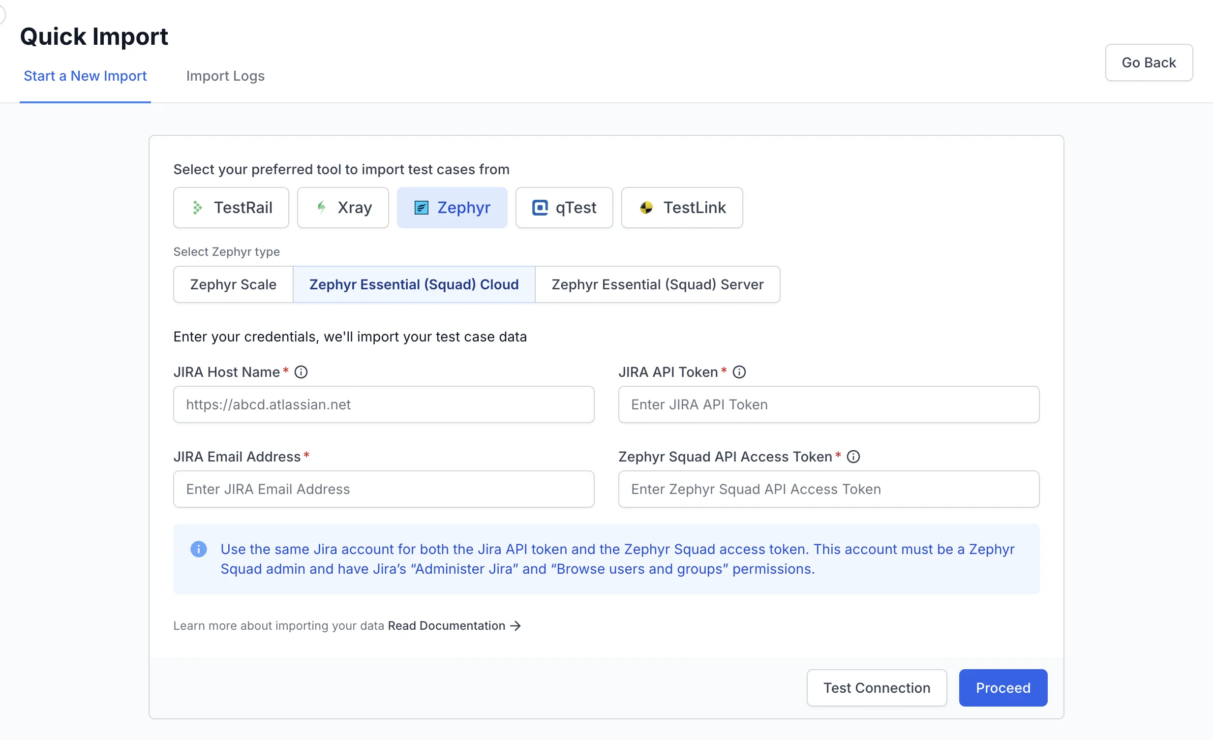 Zephyr Essential (Squad) Cloud connection form with Jira and Zephyr credential fields