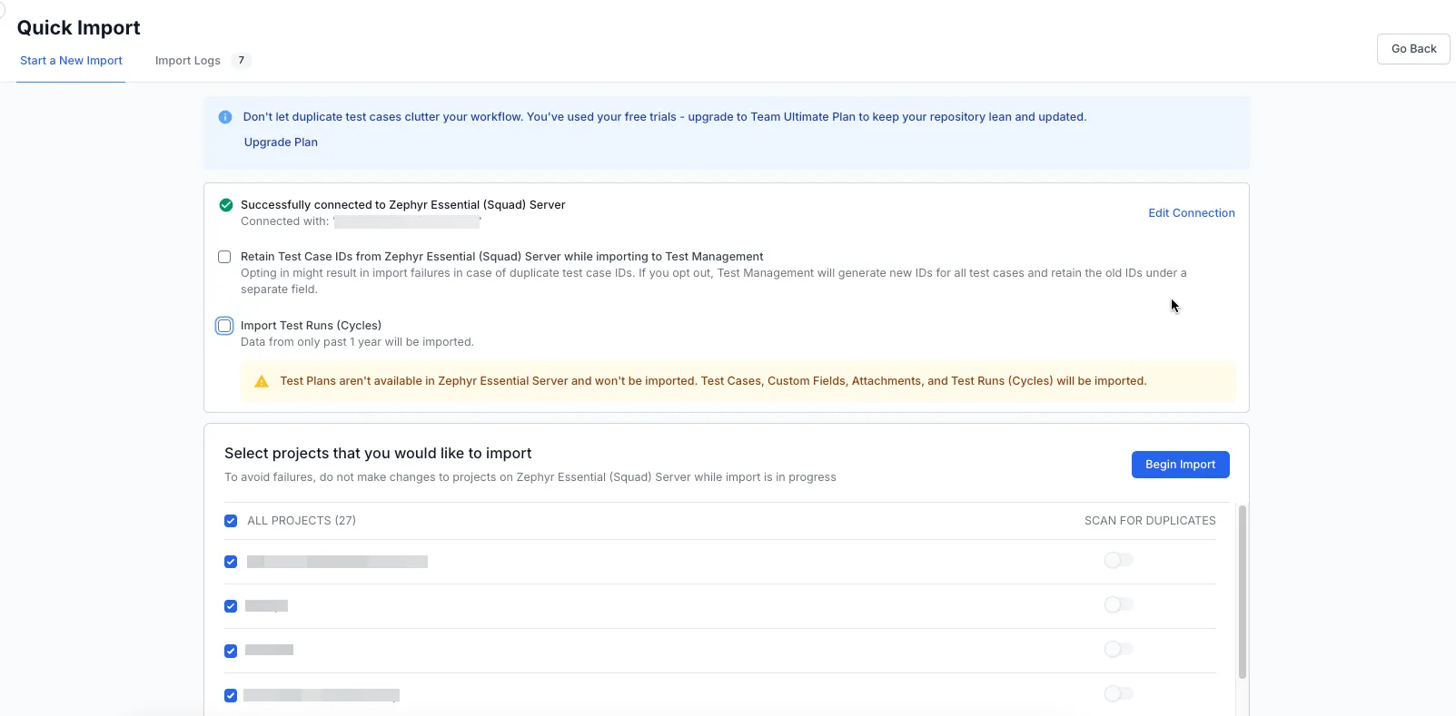 Import options and project selection for a Zephyr Essential (Squad) Server import