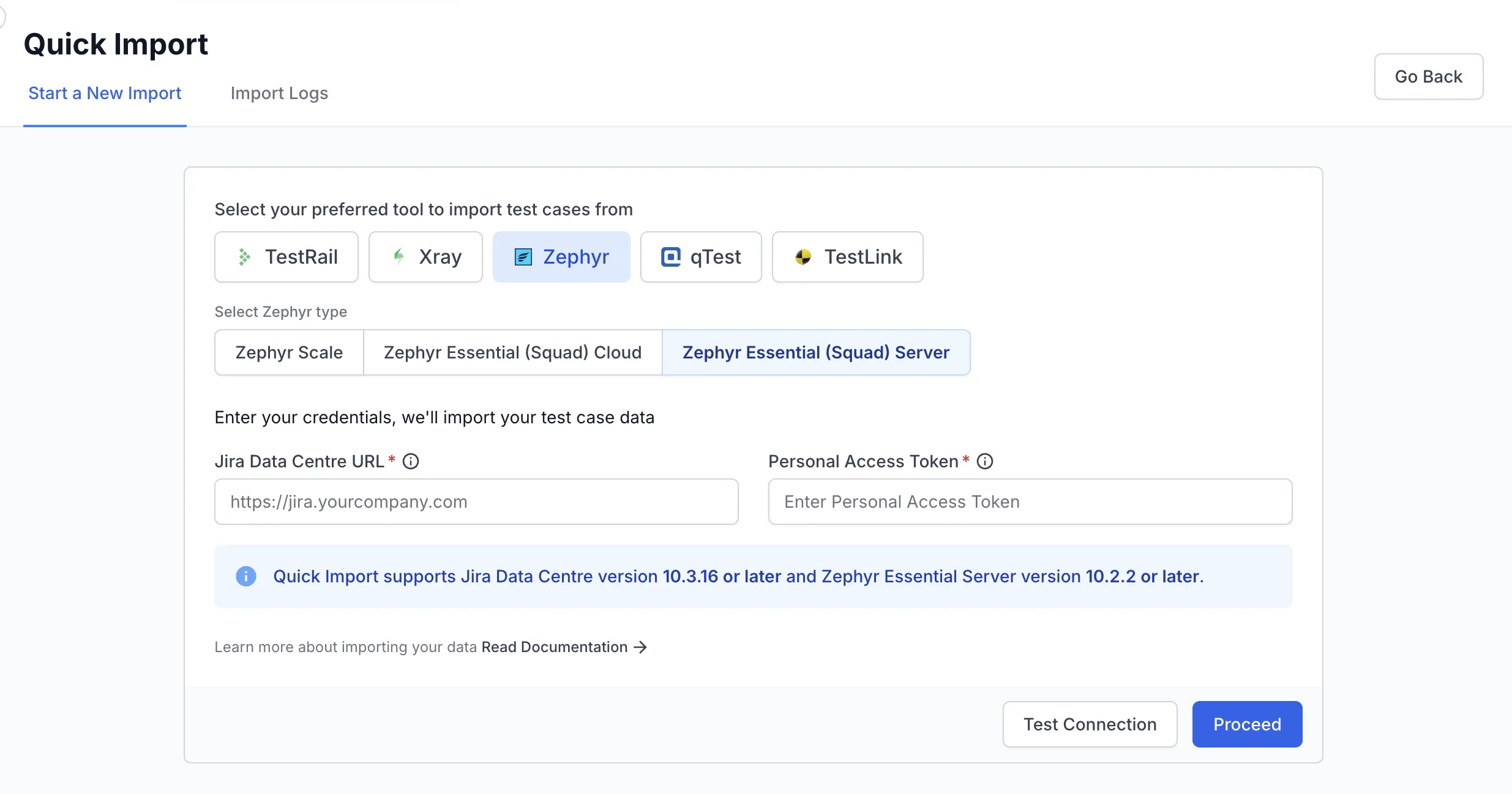 Zephyr Essential (Squad) Server connection form with Jira Data Centre URL and Personal Access Token fields