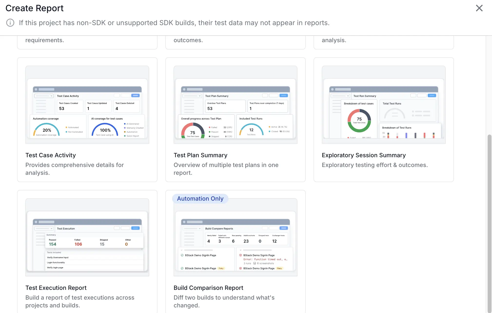 Report type selection screen showing available report types