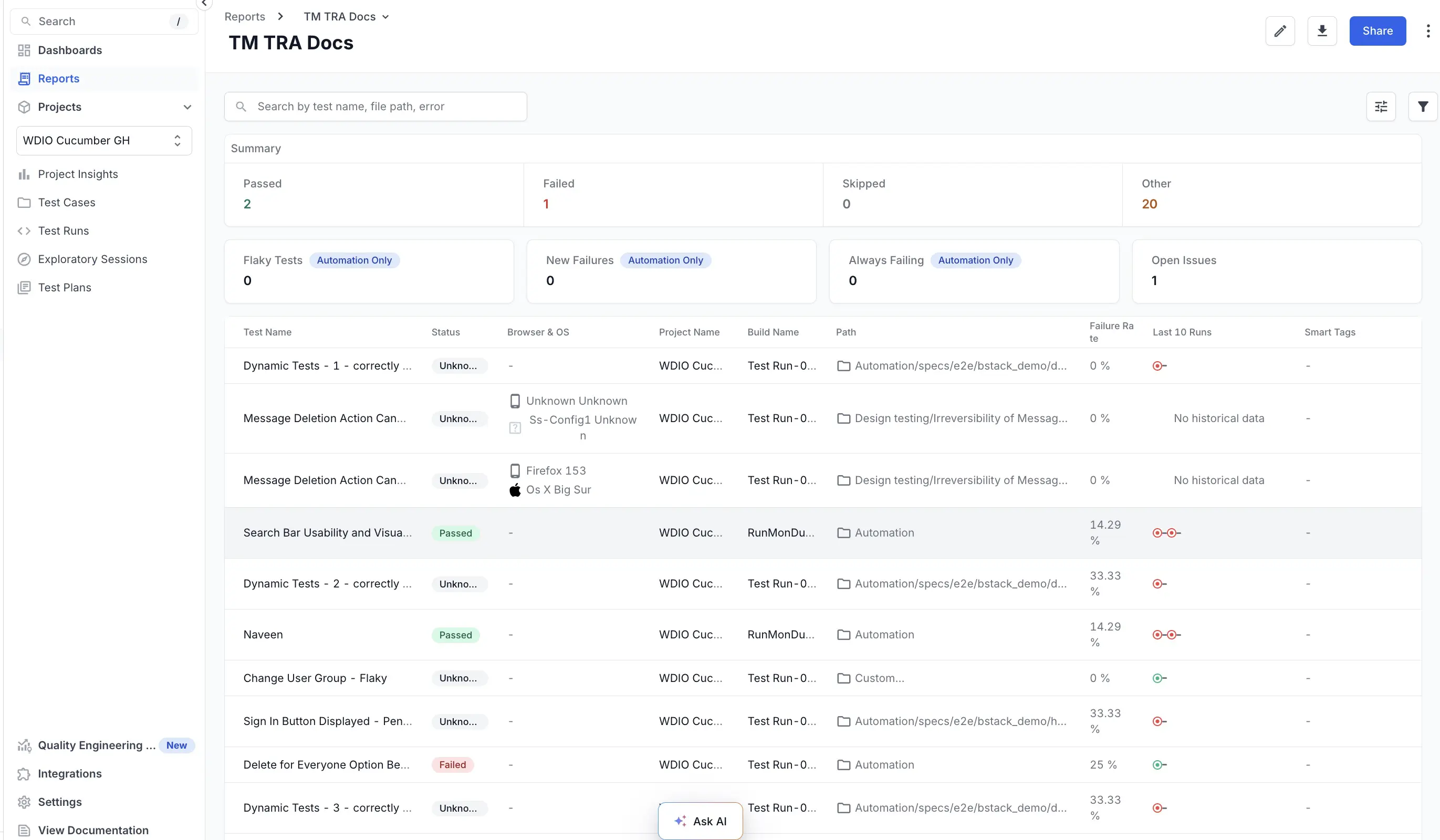 Reports in Test Management showing available reports