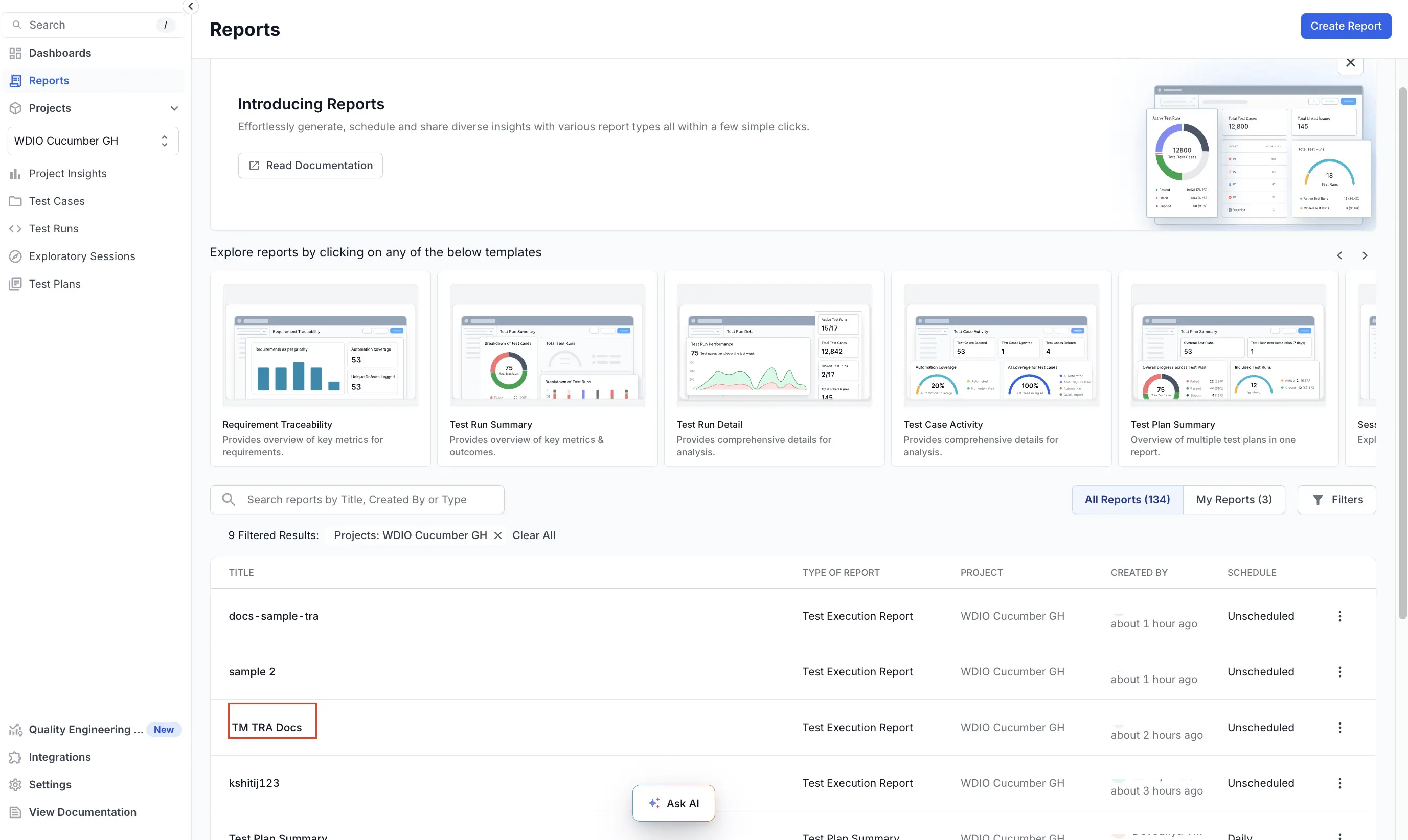 A Test Management report shown in detail including stat tiles and a tabular view of the tests and associated details