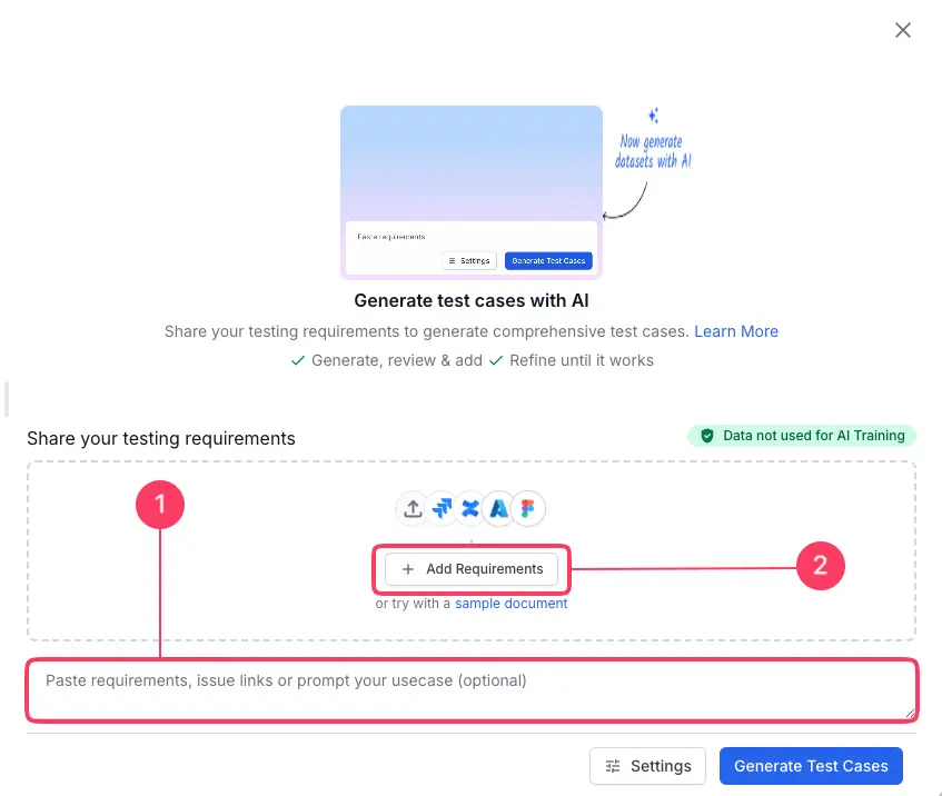 AI test case generator dialog showing the text input field for prompts and the Add Requirements button with annotation markers 1 and 2